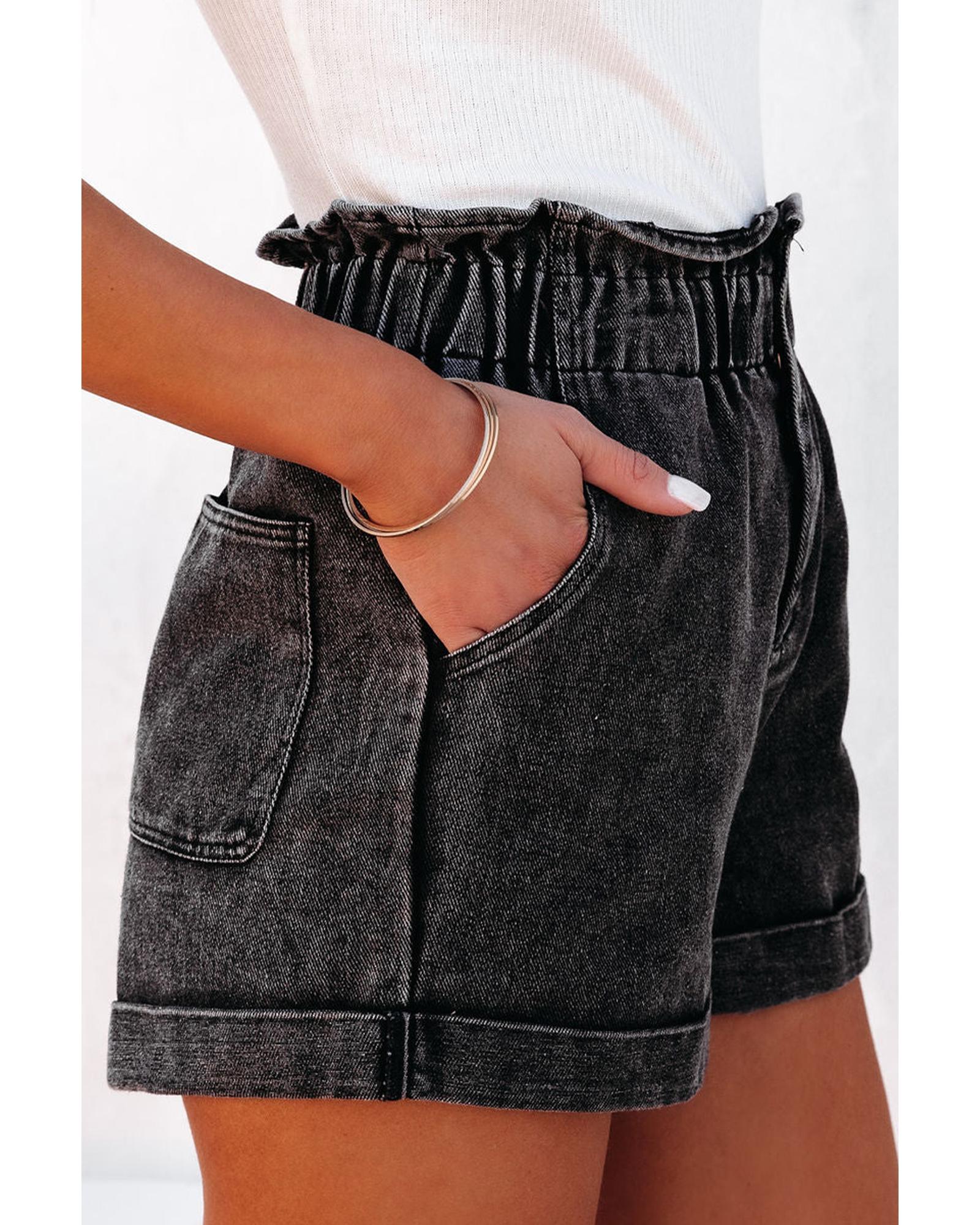 Black Vintage Washed Frilled High Waist Denim Shorts - 12 US 7