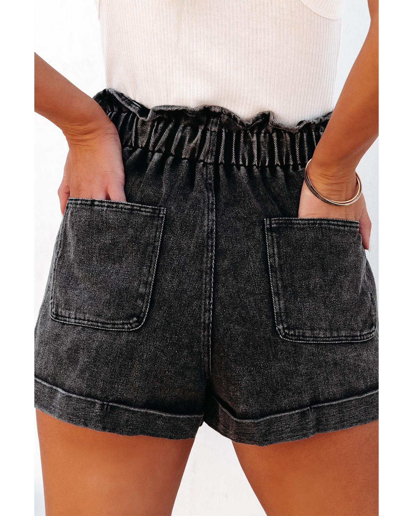 Black Vintage Washed Frilled High Waist Denim Shorts - 14 US