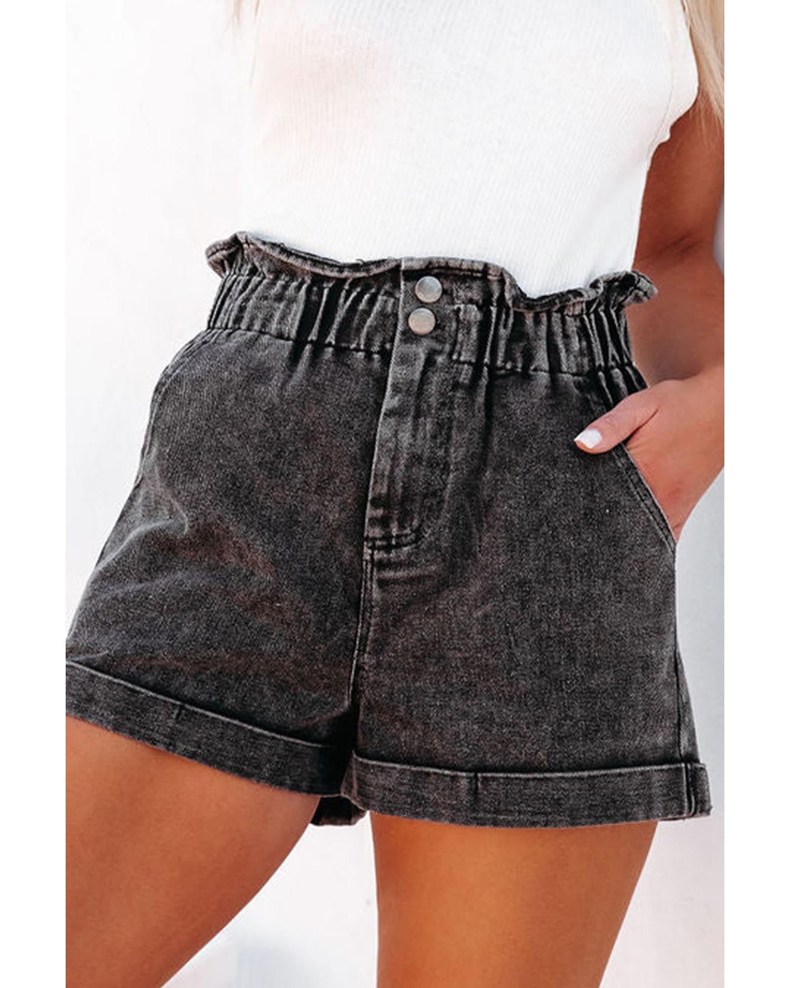 Black Vintage Washed Frilled High Waist Denim Shorts - 16 US