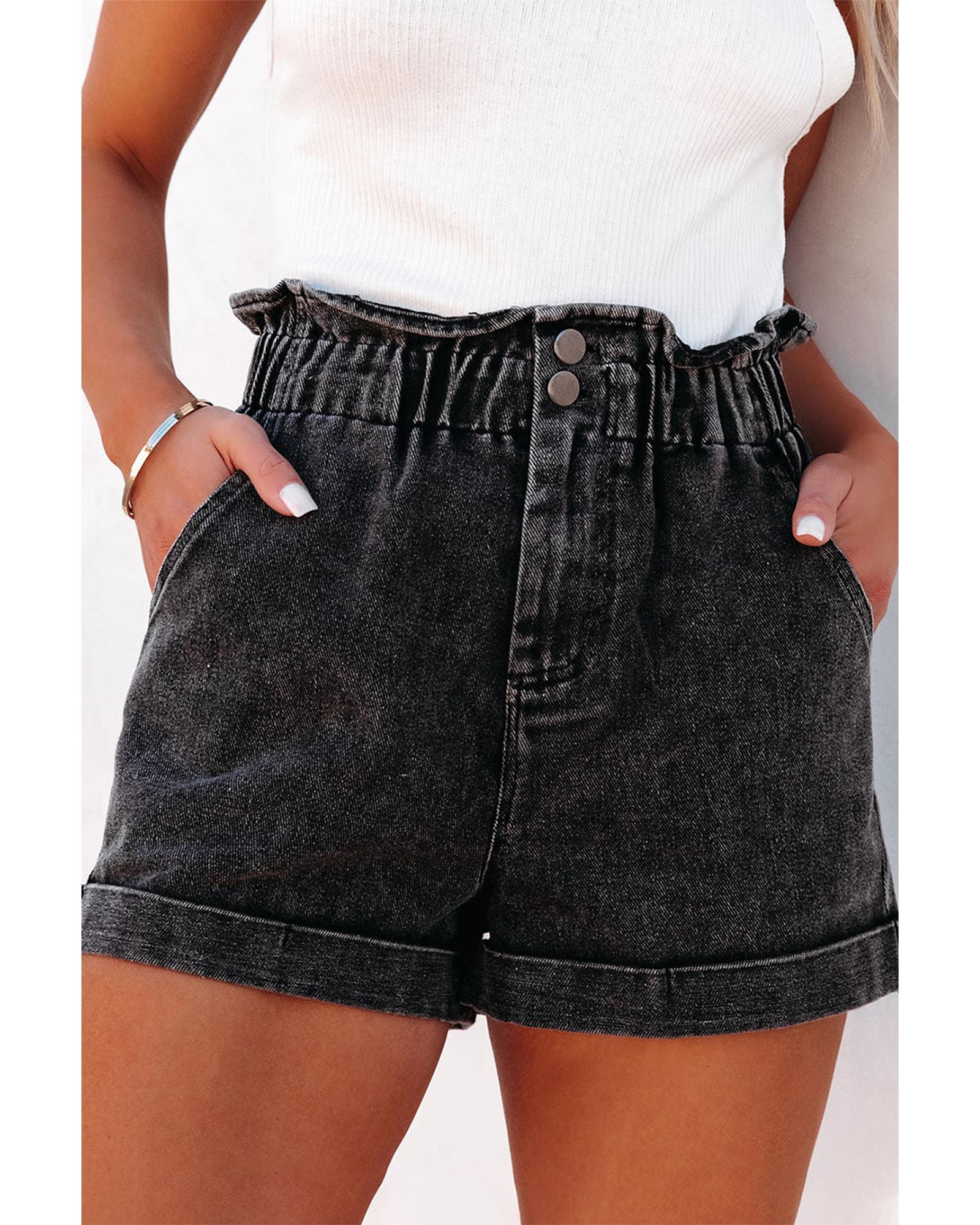 Black Vintage Washed Frilled High Waist Denim Shorts - 16 US 8