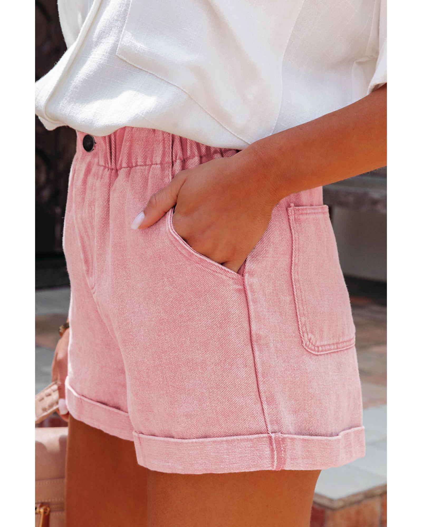 Dusty Pink Vintage Washed Frilled High Waist Denim Shorts - 10 US
