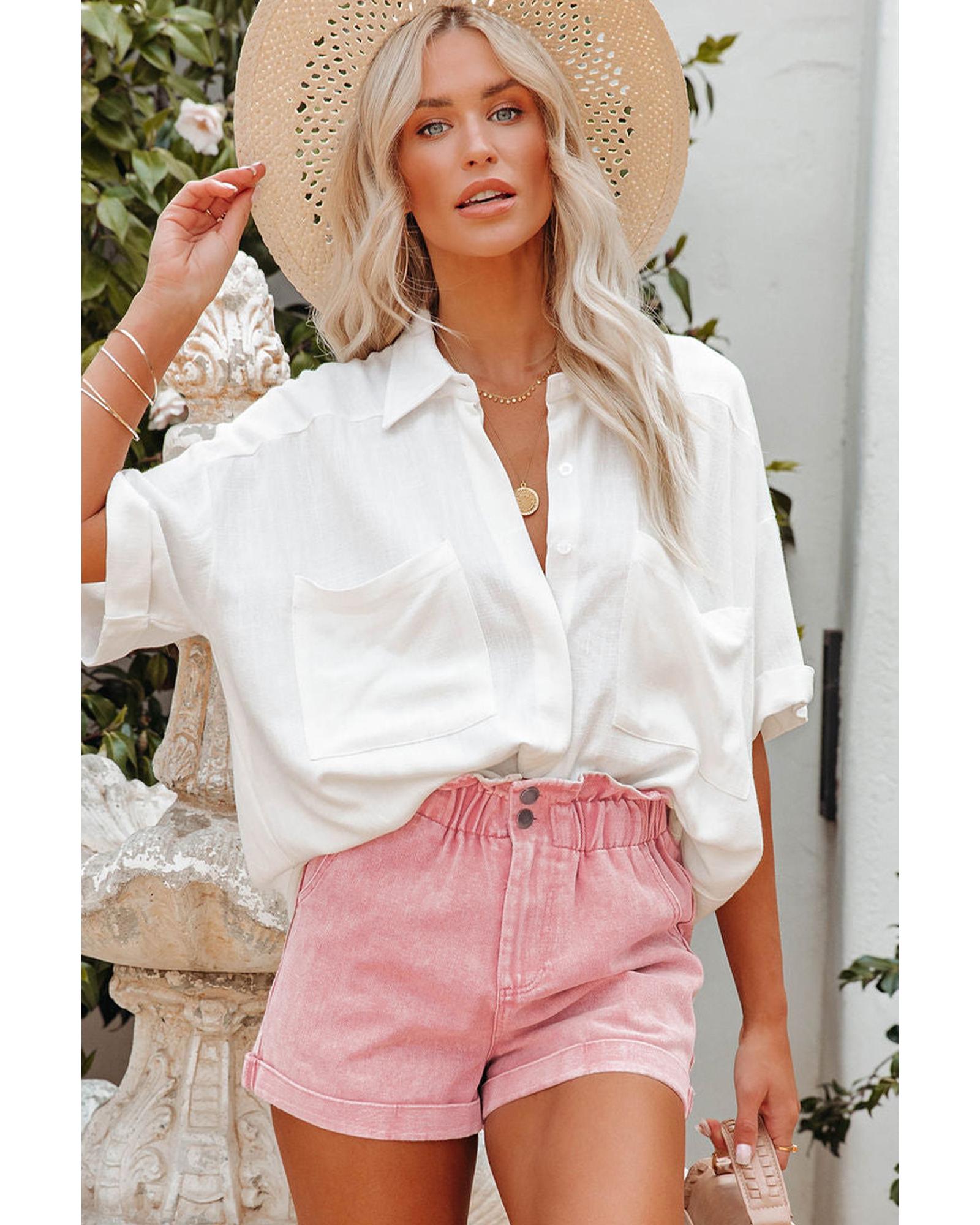 Dusty Pink Vintage Washed Frilled High Waist Denim Shorts - 10 US