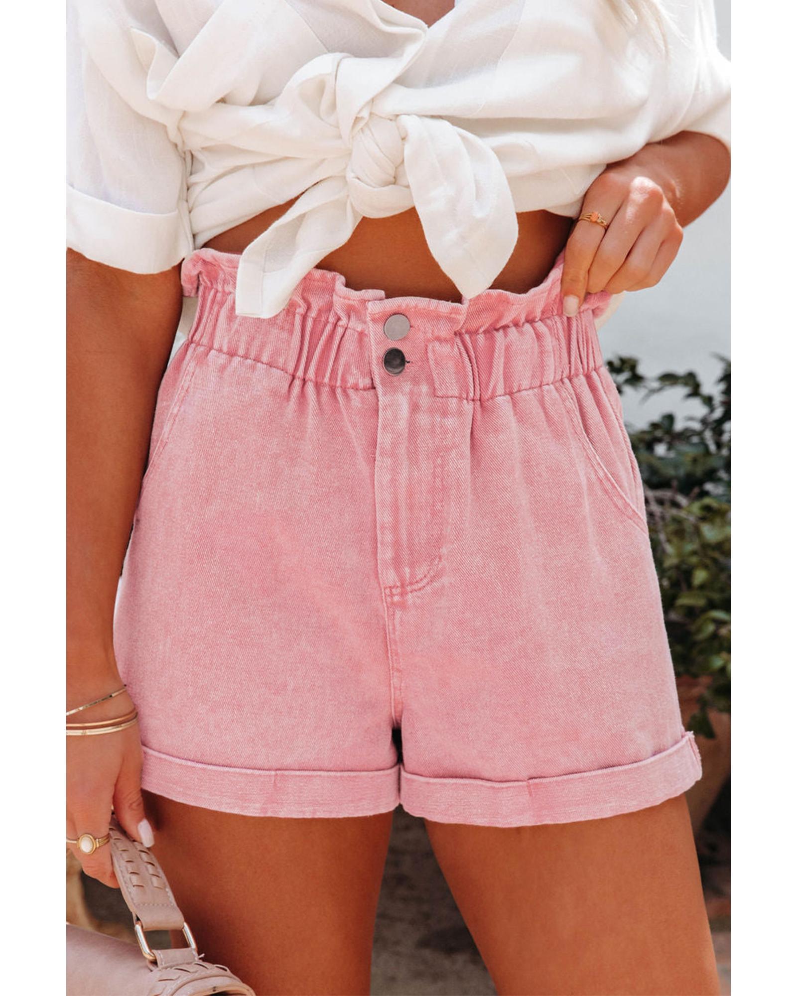 Dusty Pink Vintage Washed Frilled High Waist Denim Shorts - 12 US