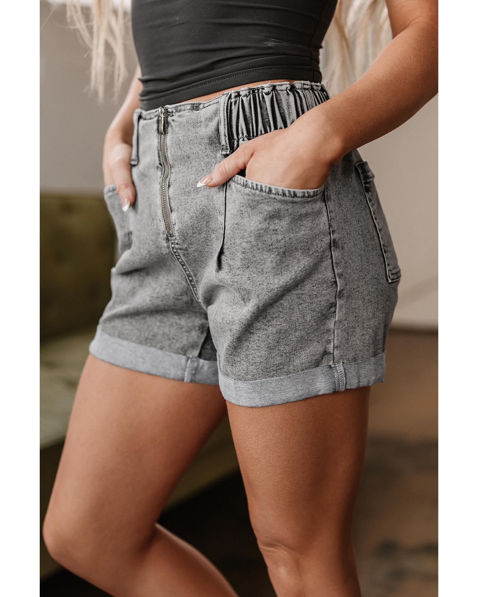 Gray Zipped Light Wash Cuffed Edge Denim Shorts - 8 US