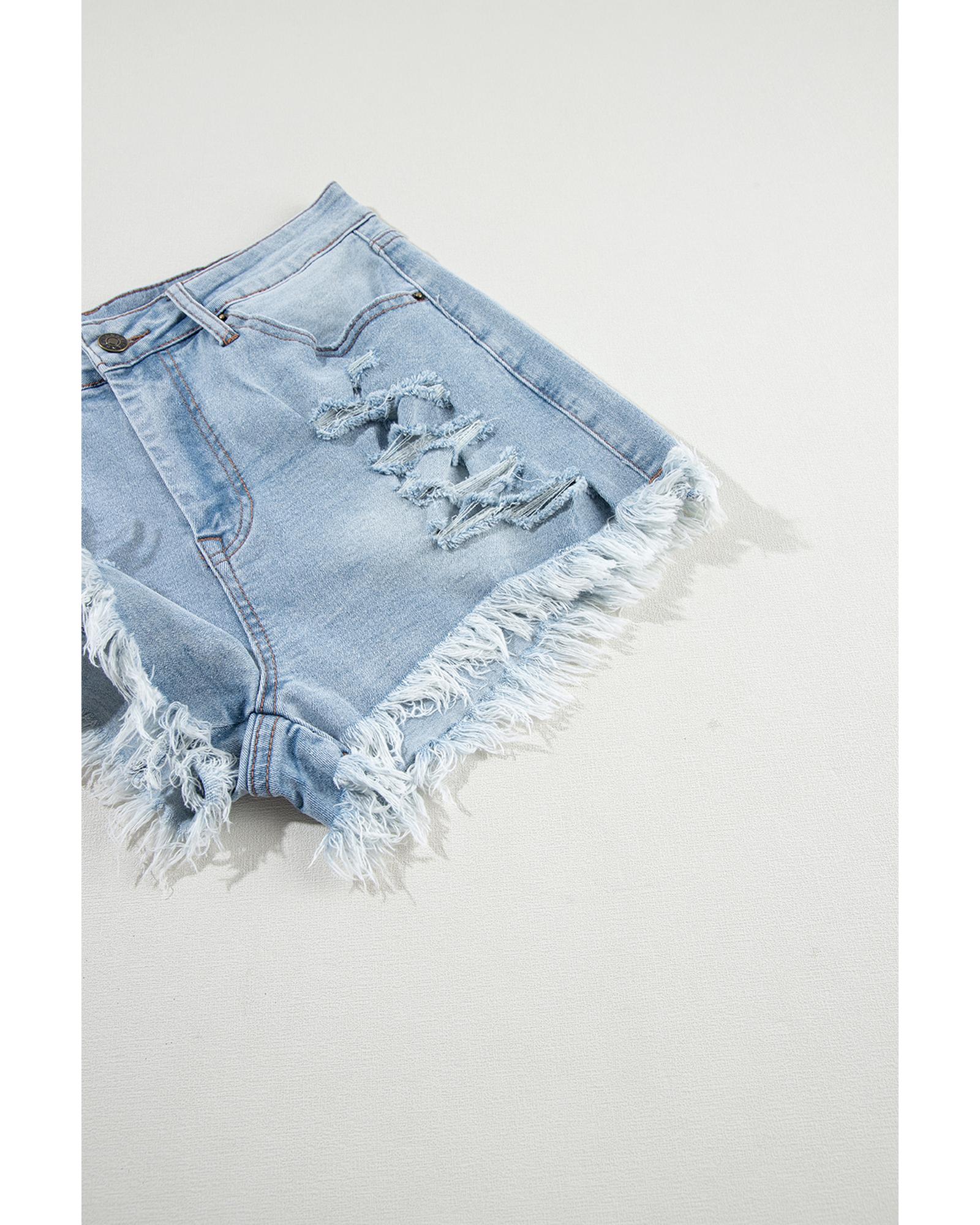 Light Blue Distressed Ripped Raw Hem High Waist Denim Shorts - 10 US 5