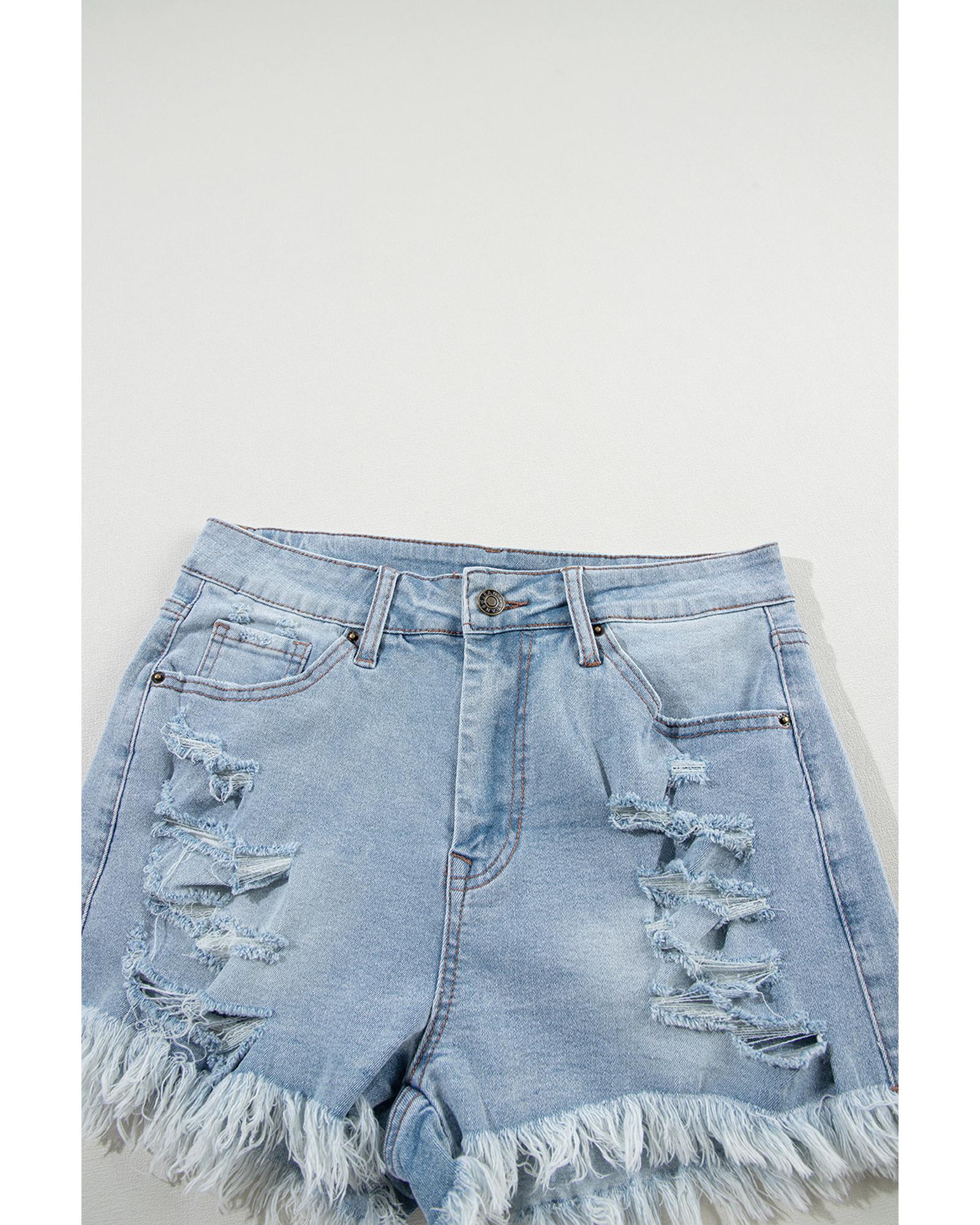 Light Blue Distressed Ripped Raw Hem High Waist Denim Shorts - 10 US 7