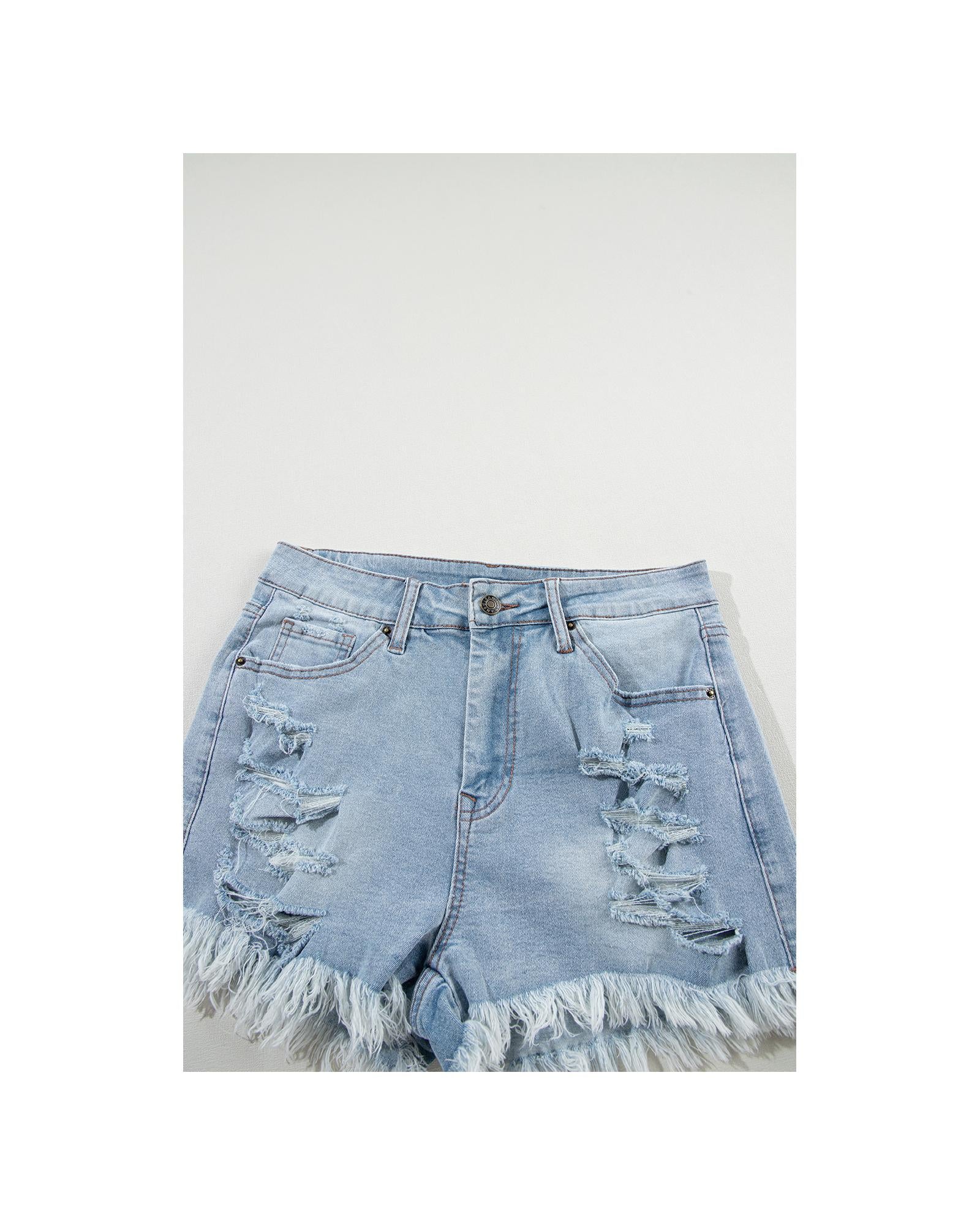 Light Blue Distressed Ripped Raw Hem High Waist Denim Shorts - 8 US 7