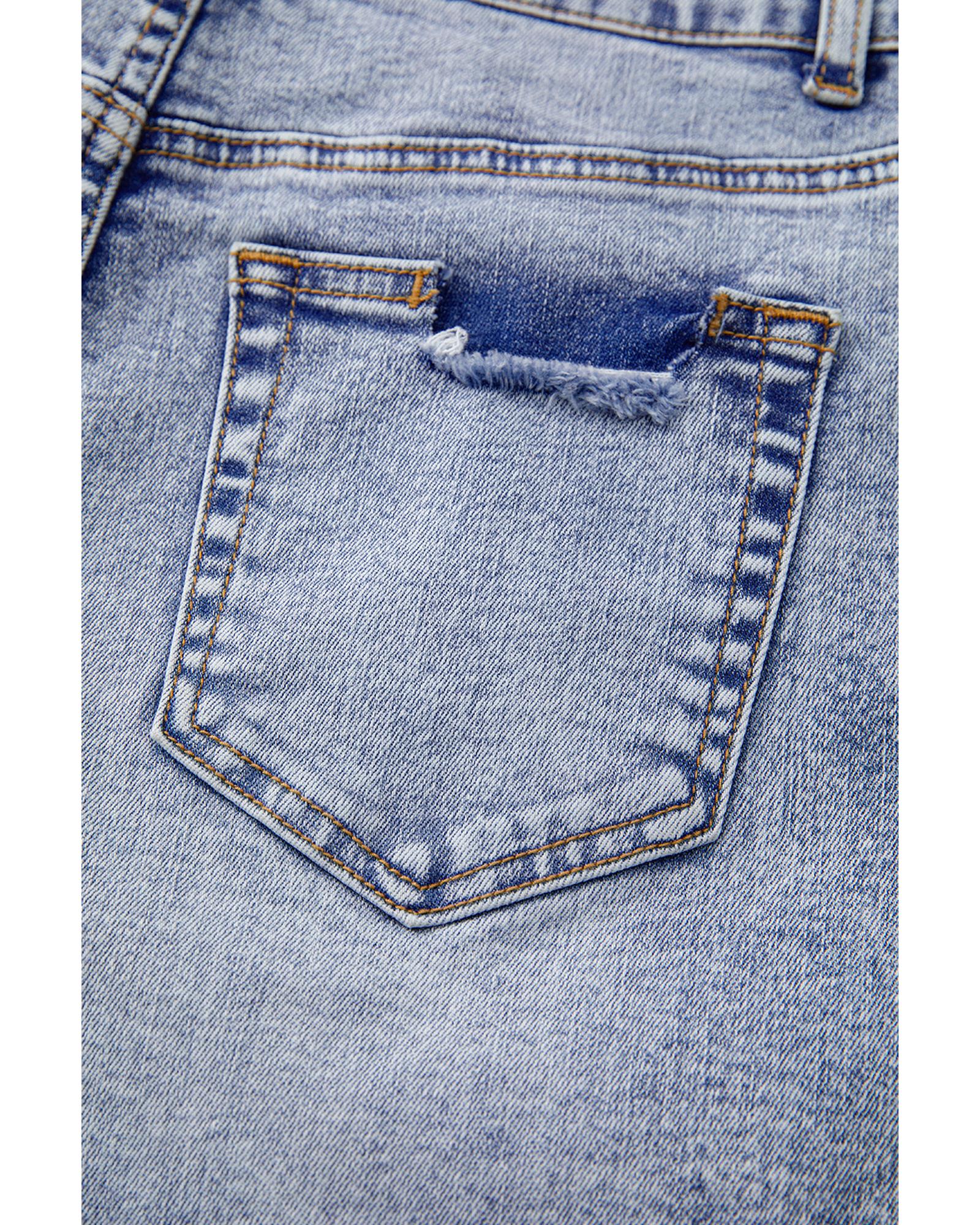Beau Blue Pearl Studded Pockets Raw Hem Denim Shorts - 12 US 6