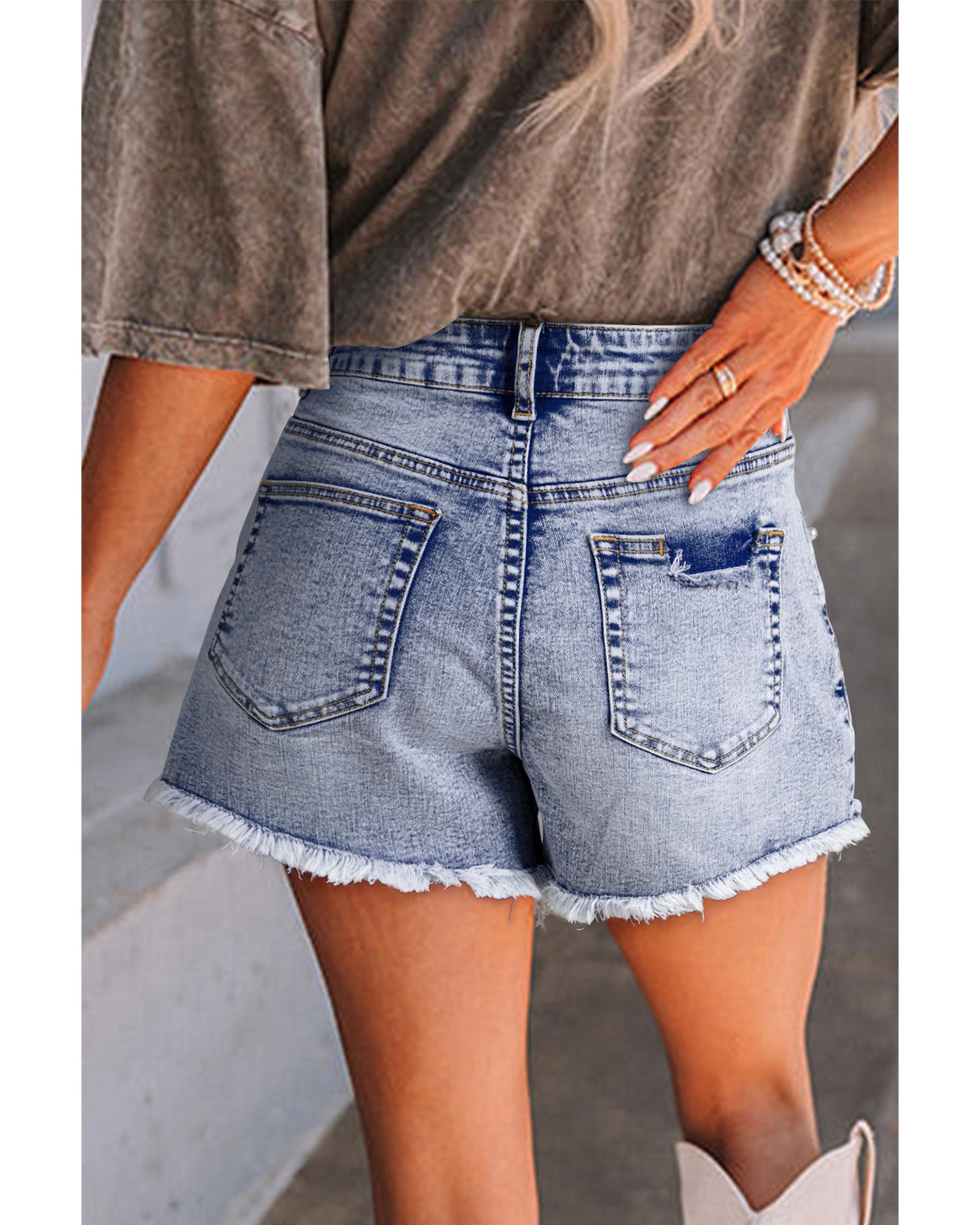 Beau Blue Pearl Studded Pockets Raw Hem Denim Shorts - 8 US