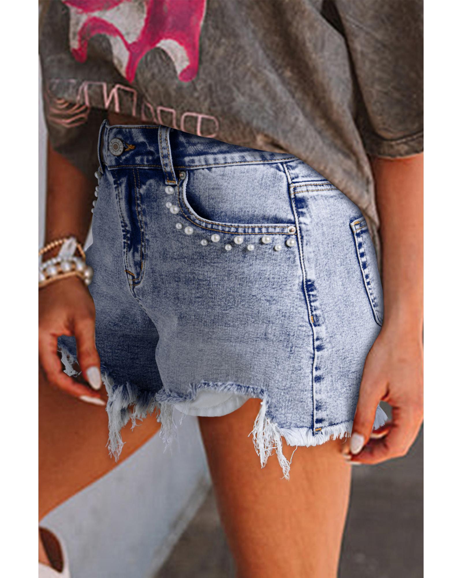 Beau Blue Pearl Studded Pockets Raw Hem Denim Shorts - 8 US 3