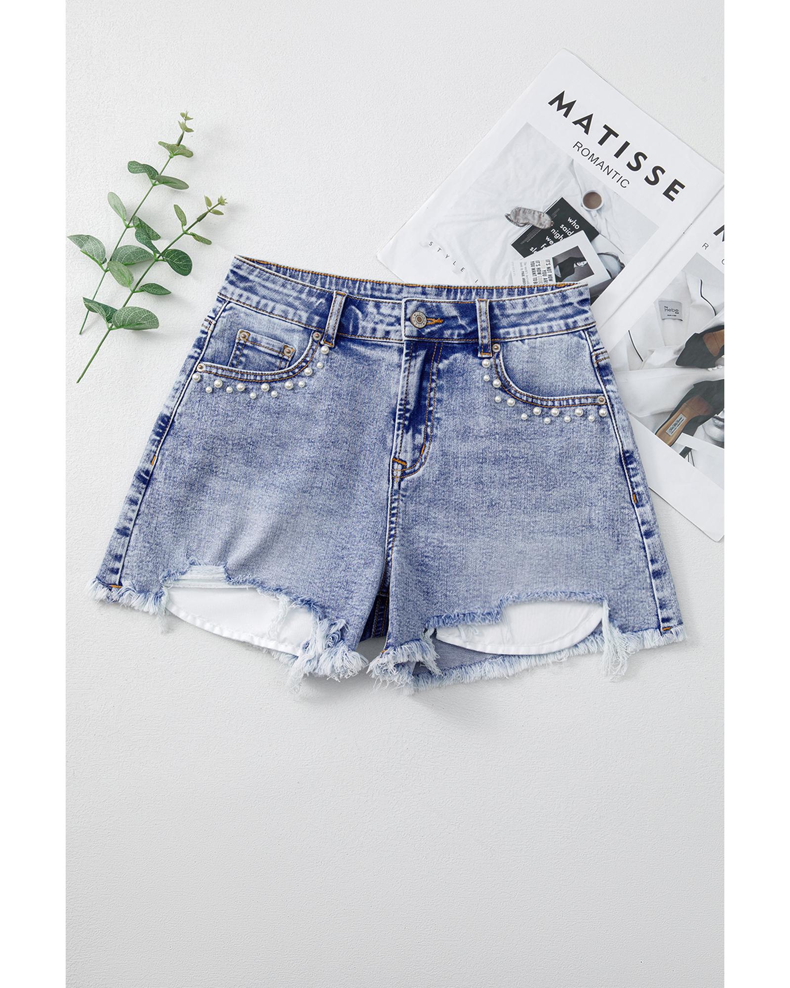 Beau Blue Pearl Studded Pockets Raw Hem Denim Shorts - 8 US 4