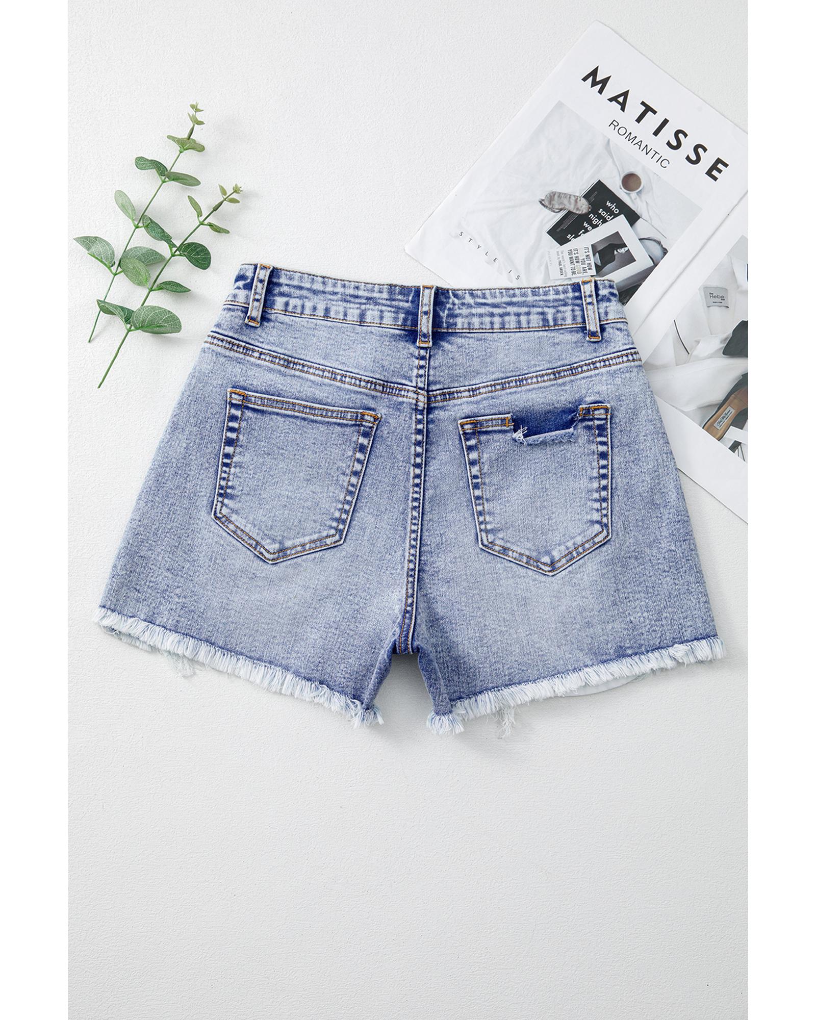 Beau Blue Pearl Studded Pockets Raw Hem Denim Shorts - 8 US 5