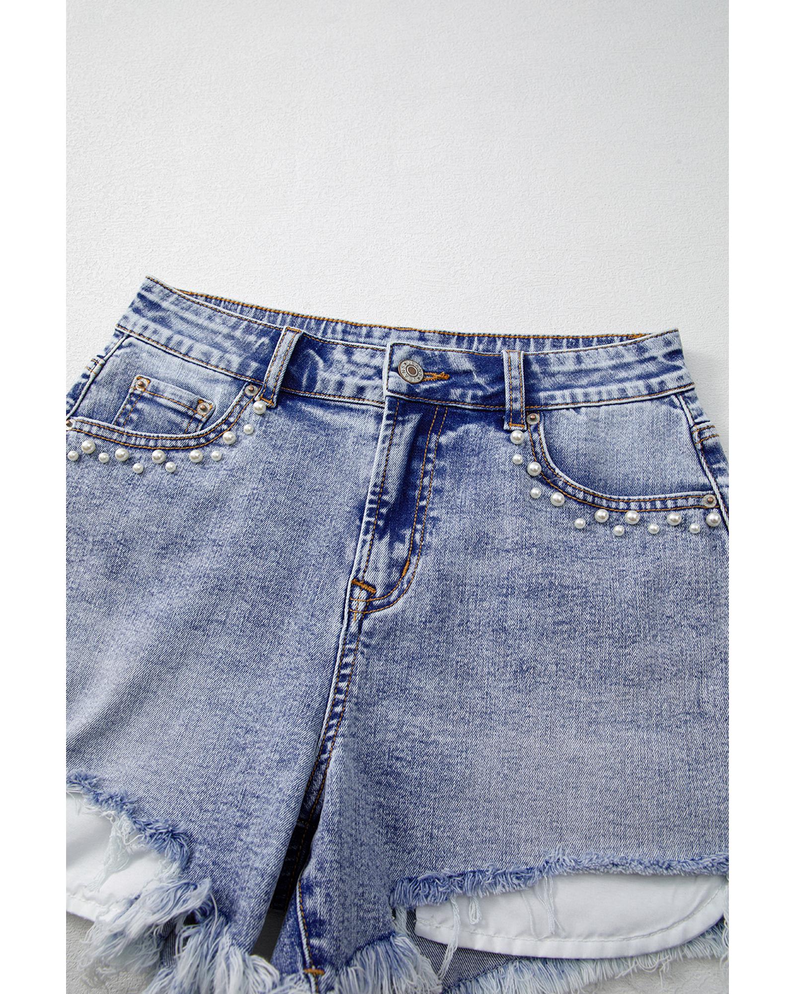 Beau Blue Pearl Studded Pockets Raw Hem Denim Shorts - 8 US 7