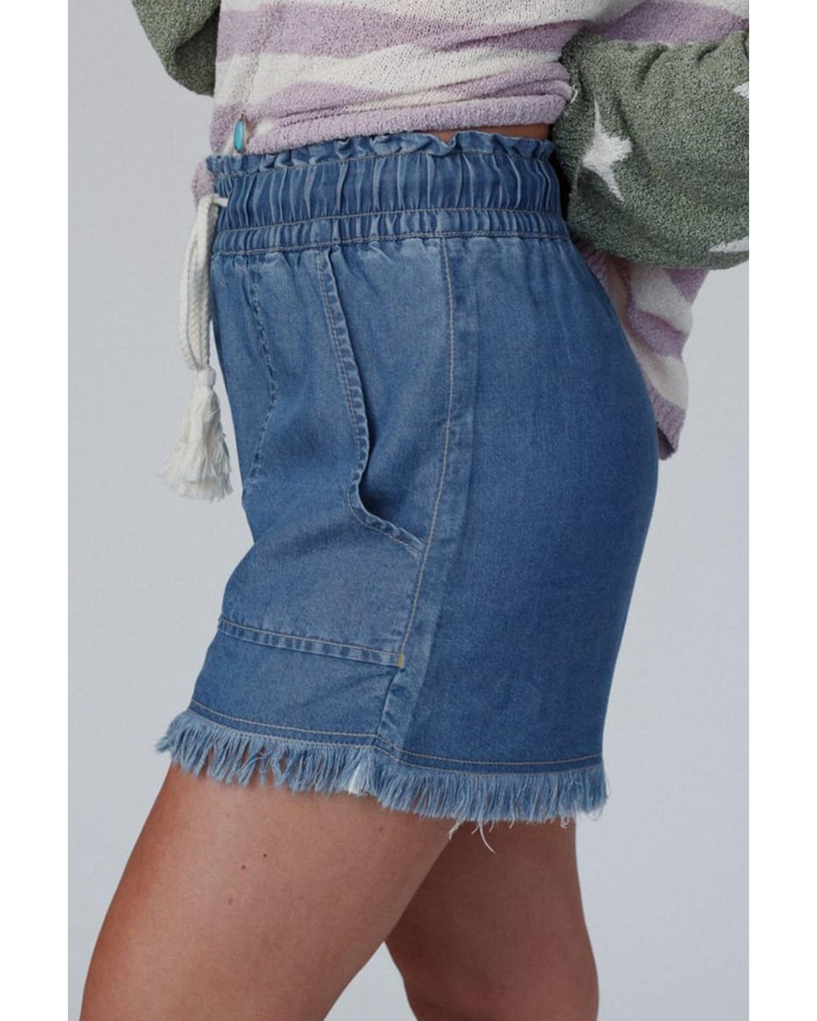 Ashleigh Blue Raw Hem Drawstring High Waist Denim Shorts with Pockets - 12 US