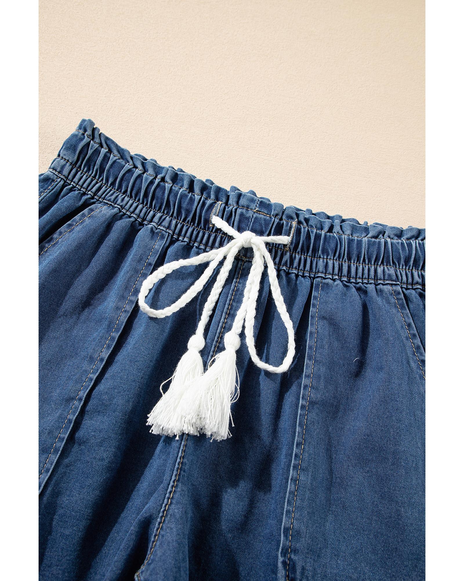 Ashleigh Blue Raw Hem Drawstring High Waist Denim Shorts with Pockets - 12 US 4