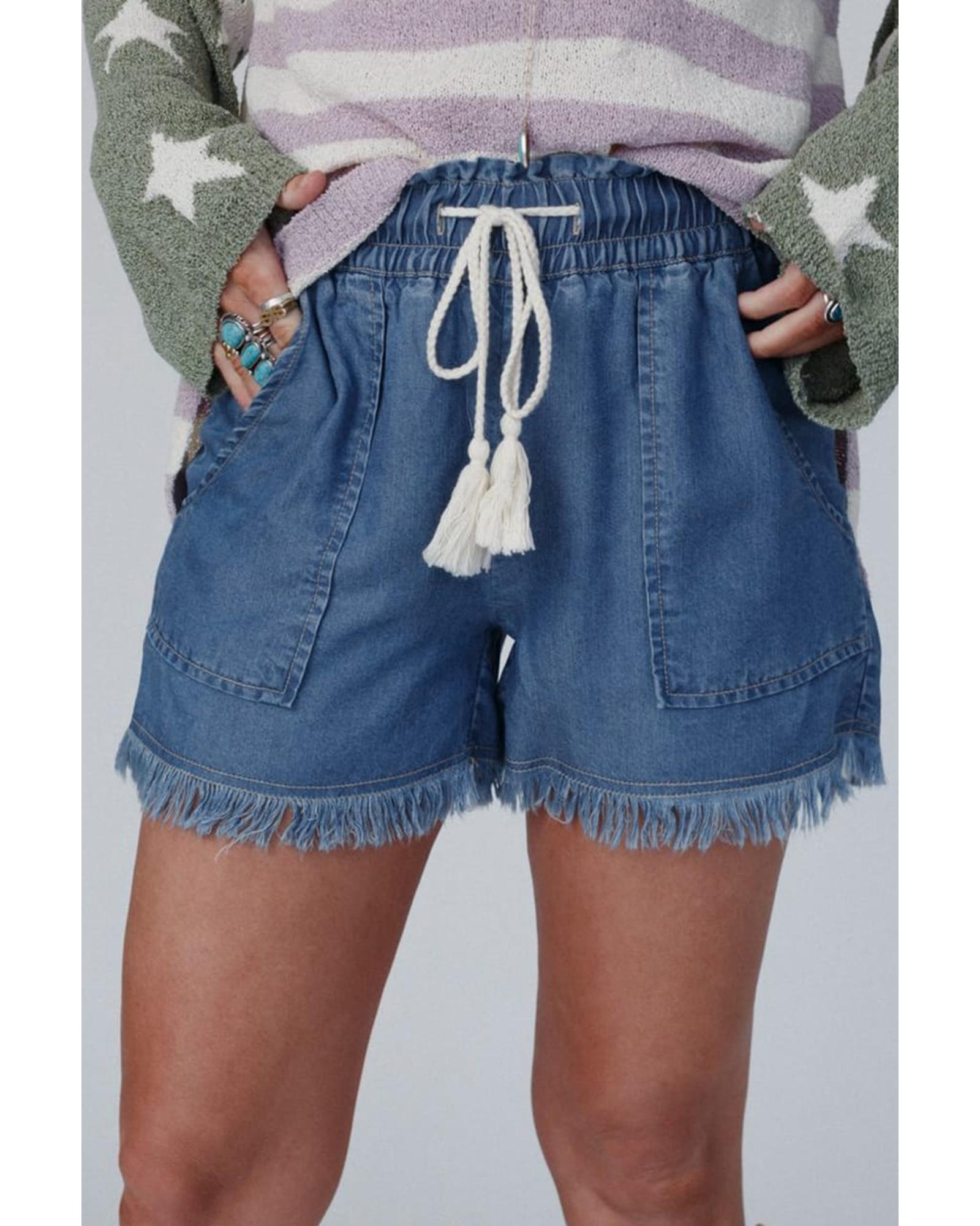 Ashleigh Blue Raw Hem Drawstring High Waist Denim Shorts with Pockets - 14 US 3