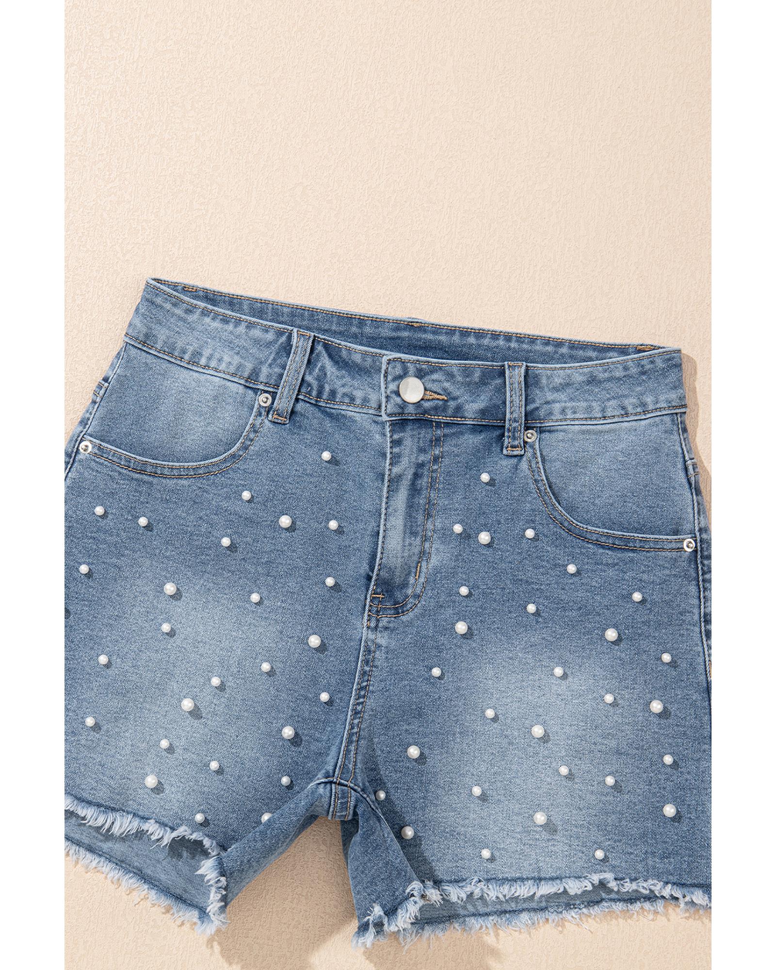 Dusk Blue Pearl Beaded Raw Hem Medium Wash Denim Shorts - 12 US 6