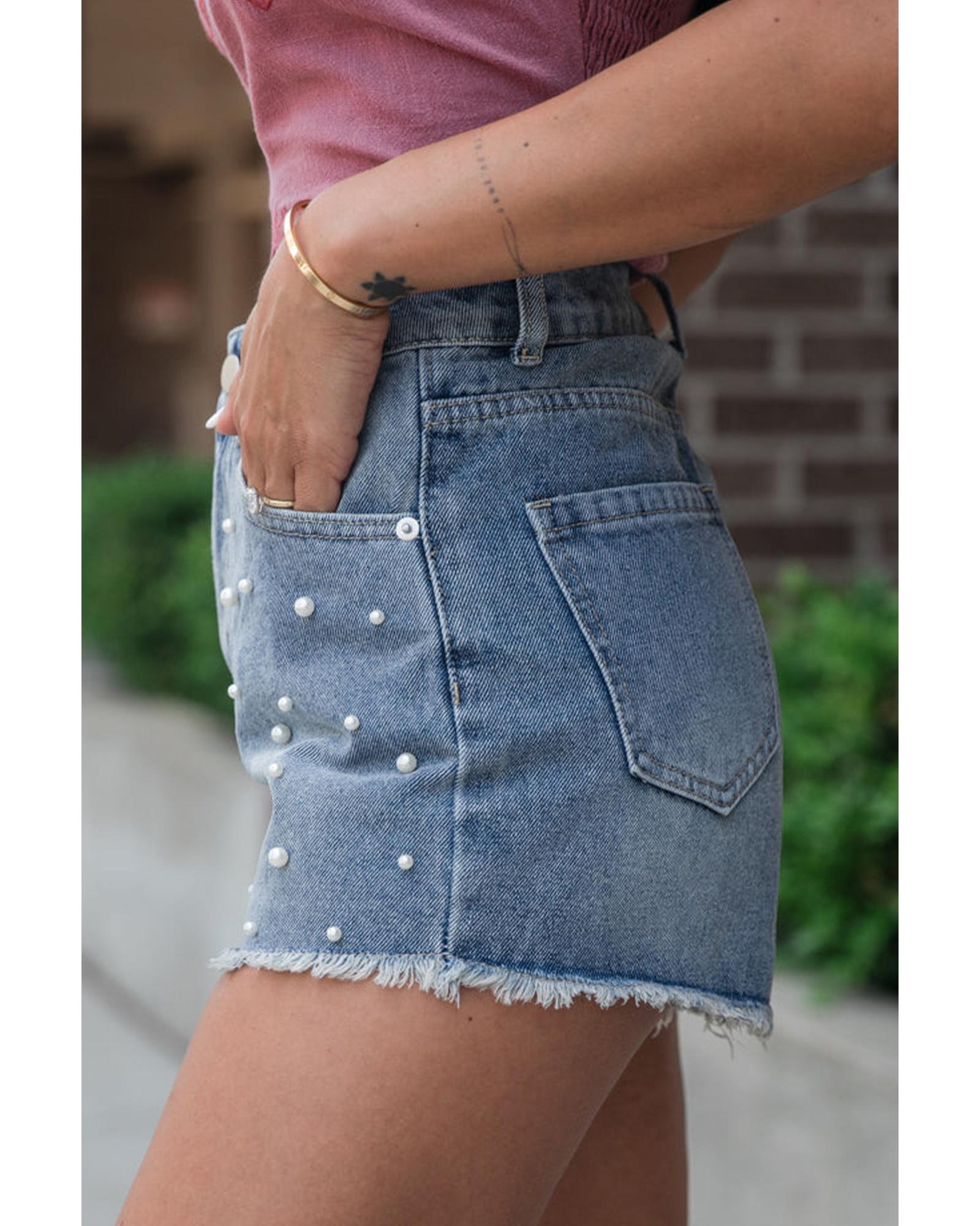 Dusk Blue Pearl Beaded Raw Hem Medium Wash Denim Shorts - 16 US 3