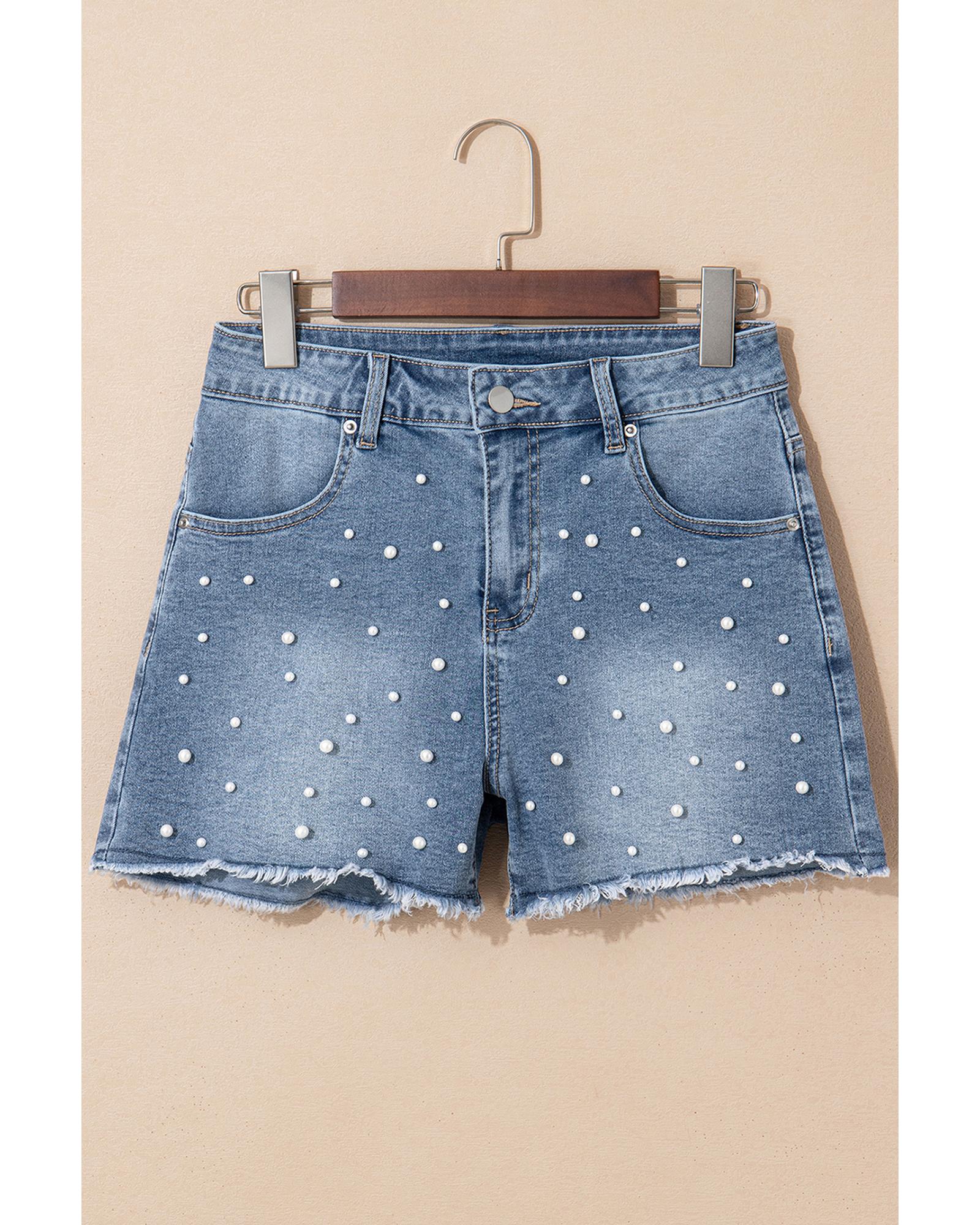 Dusk Blue Pearl Beaded Raw Hem Medium Wash Denim Shorts - 16 US 5