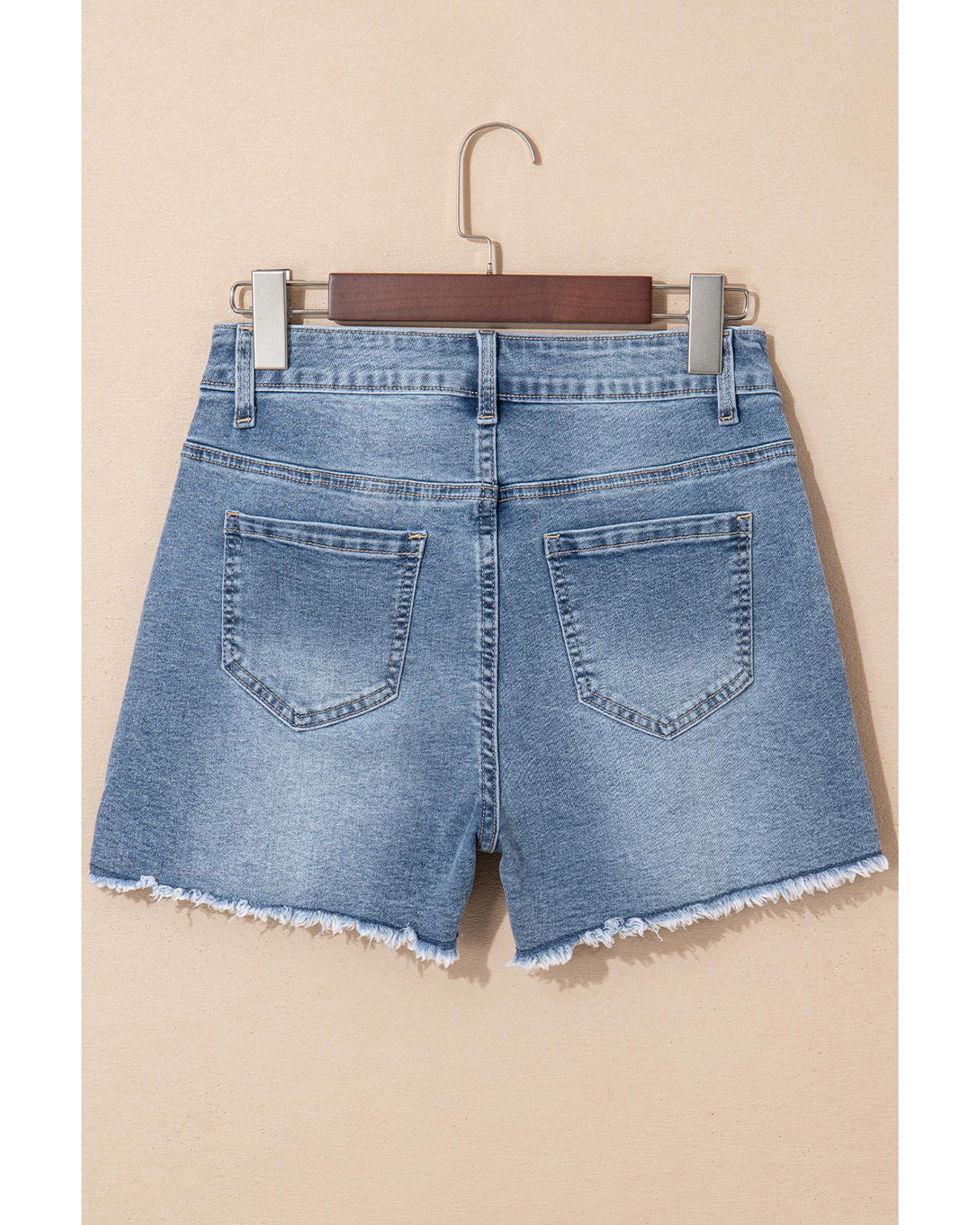 Dusk Blue Pearl Beaded Raw Hem Medium Wash Denim Shorts - 16 US 6