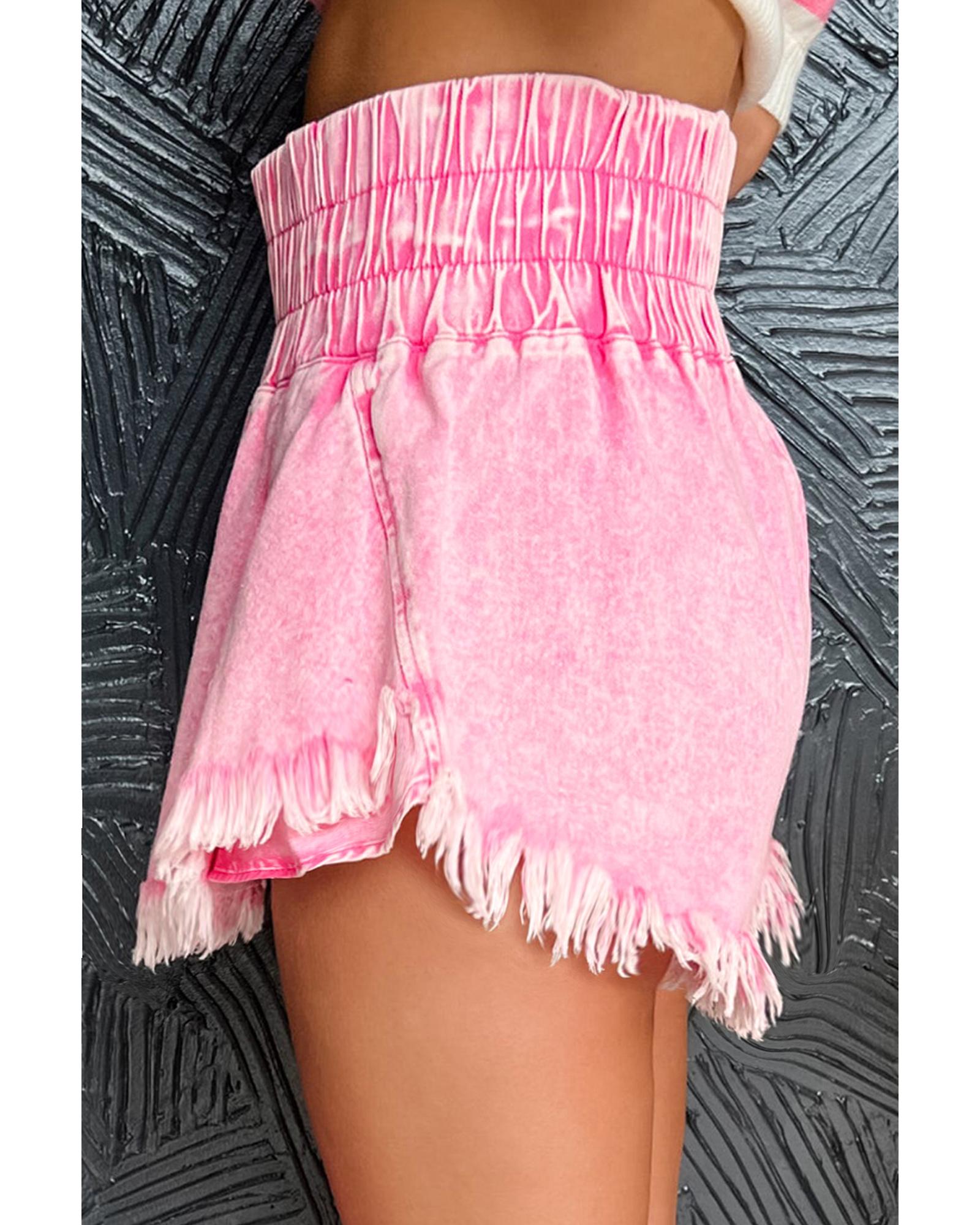 Pink Washed Wide Smocked Waistband Frayed Denim Shorts - 10 US