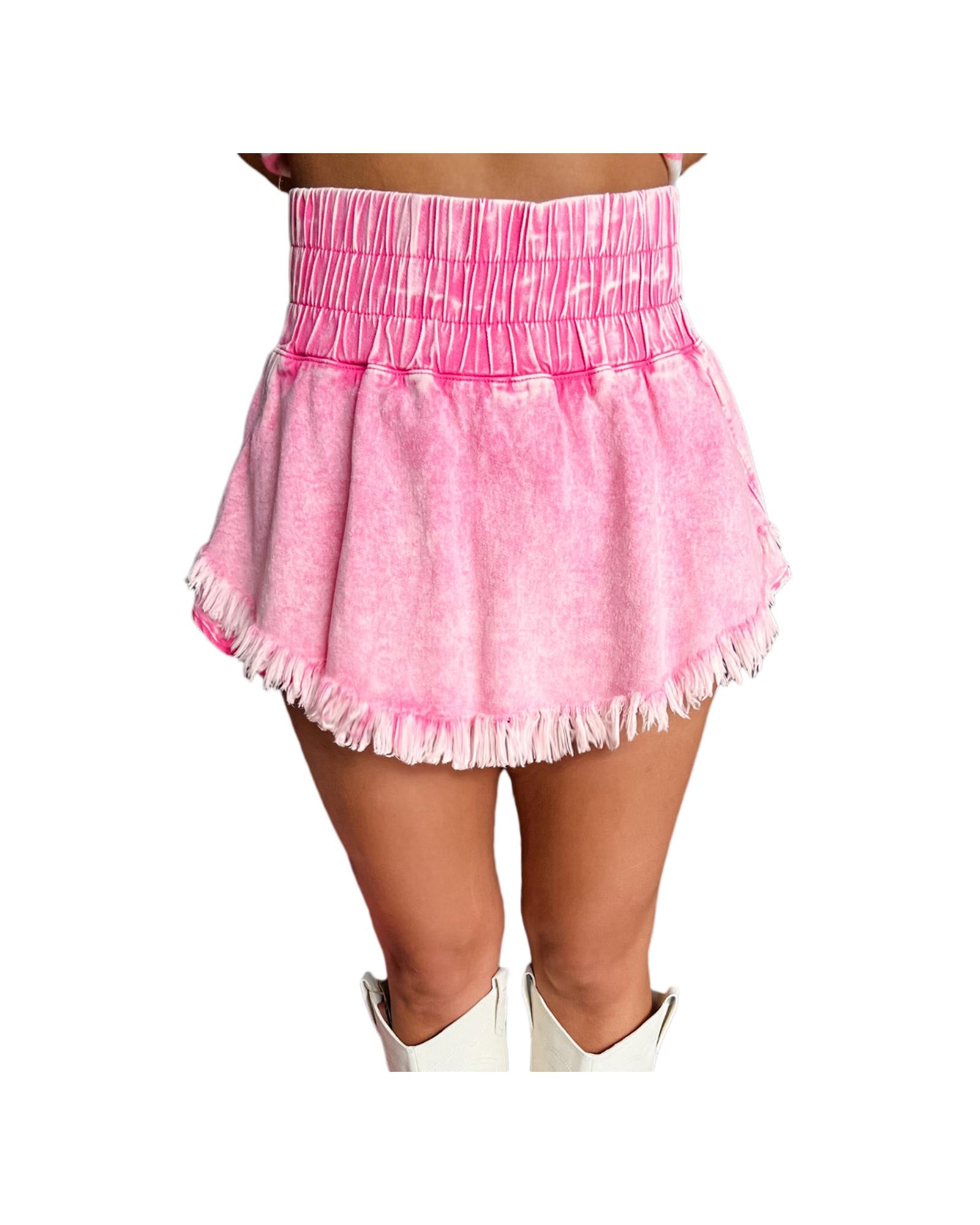 Pink Washed Wide Smocked Waistband Frayed Denim Shorts - 10 US 5