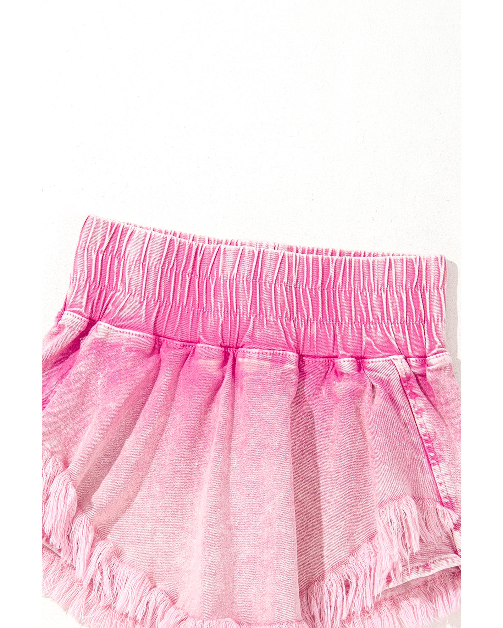 Pink Washed Wide Smocked Waistband Frayed Denim Shorts - 10 US 6