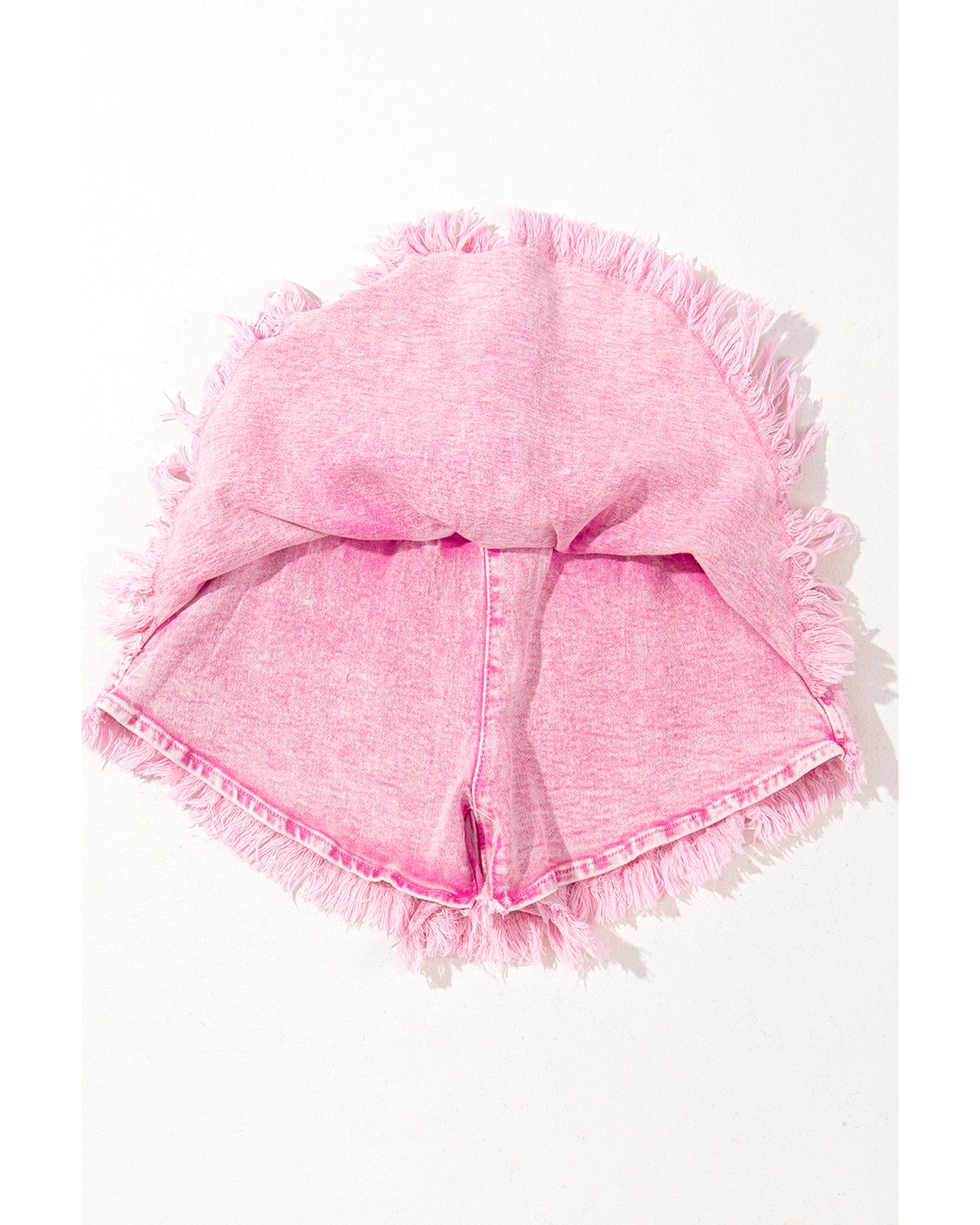 Pink Washed Wide Smocked Waistband Frayed Denim Shorts - 10 US 7