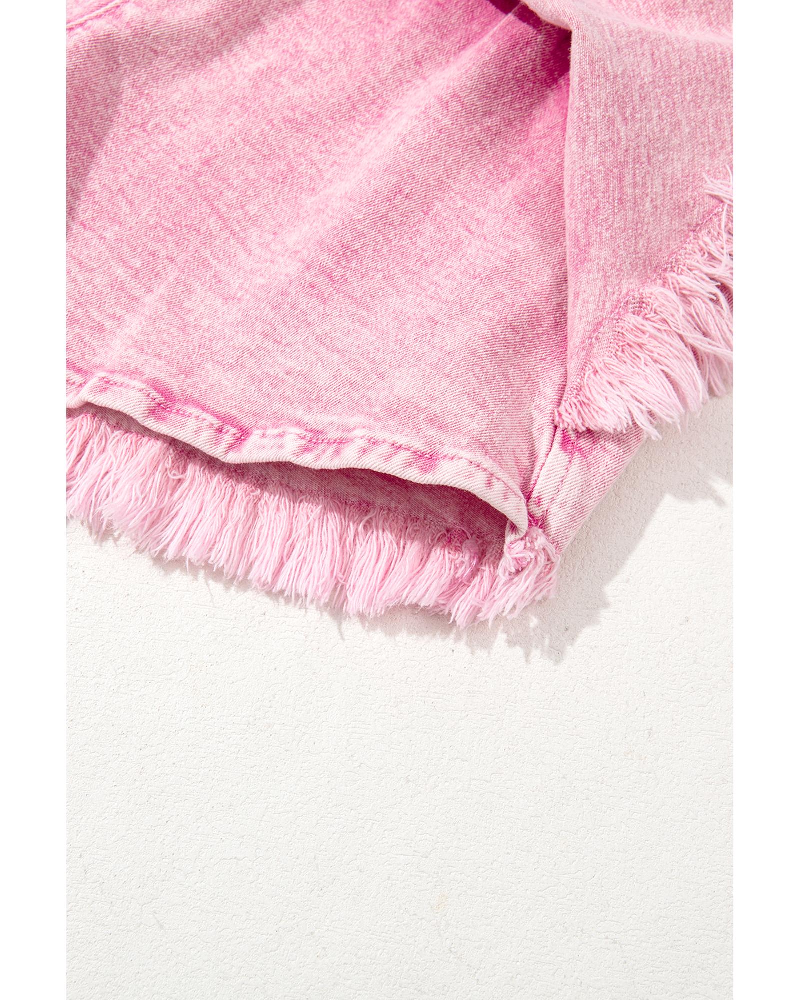 Pink Washed Wide Smocked Waistband Frayed Denim Shorts - 10 US 8