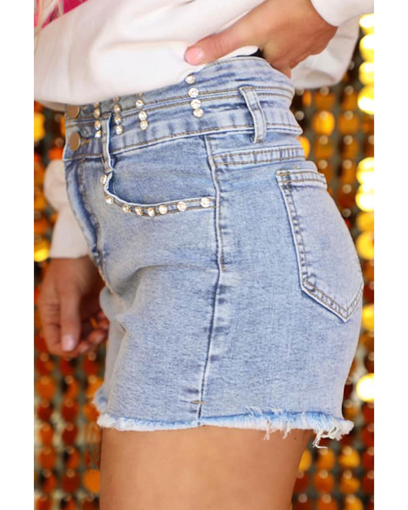 Beau Blue Rhinestone Light Wash Raw Hem High Waist Denim Shorts - 6 US 3