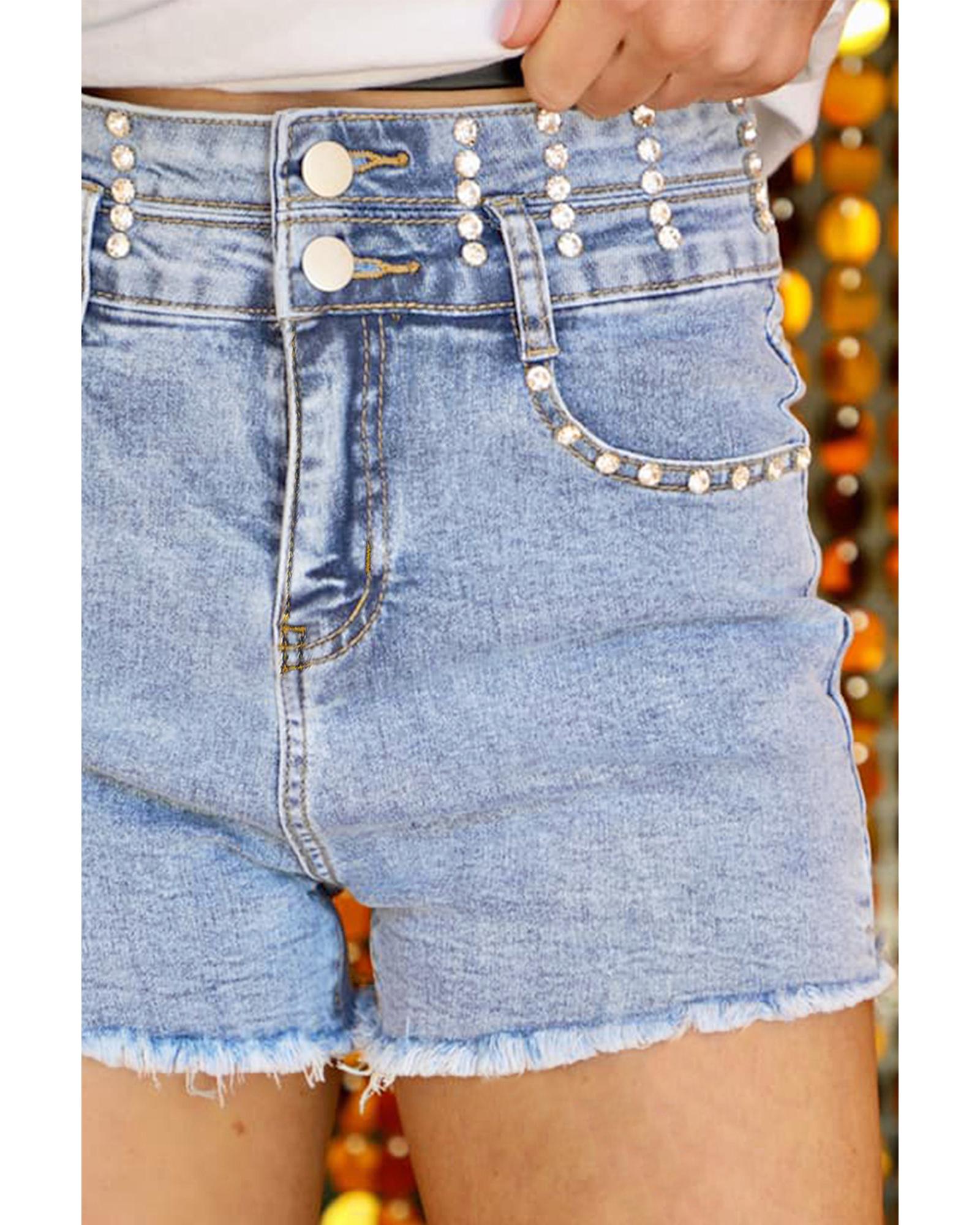 Beau Blue Rhinestone Light Wash Raw Hem High Waist Denim Shorts - 6 US 4