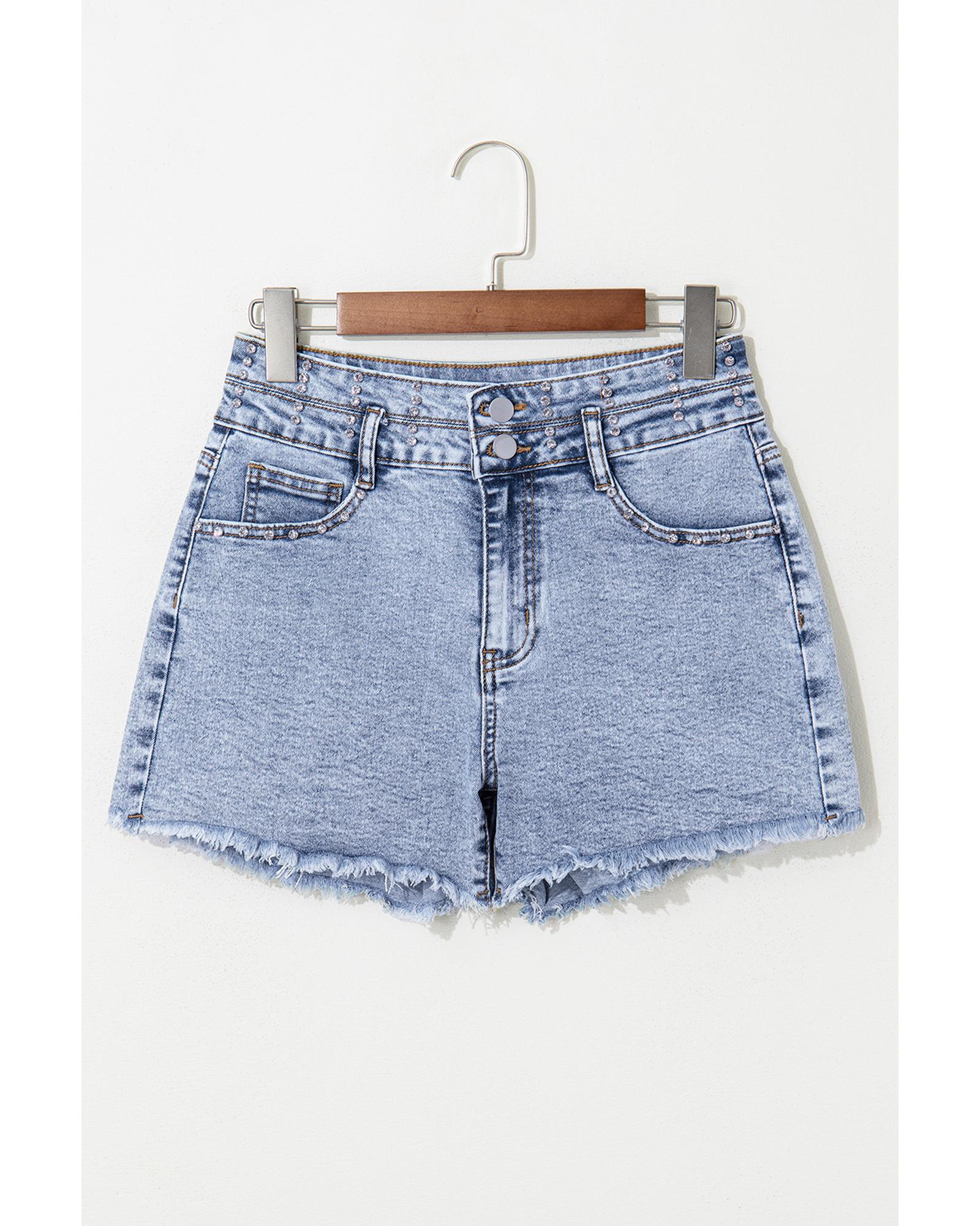 Beau Blue Rhinestone Light Wash Raw Hem High Waist Denim Shorts - 6 US 5