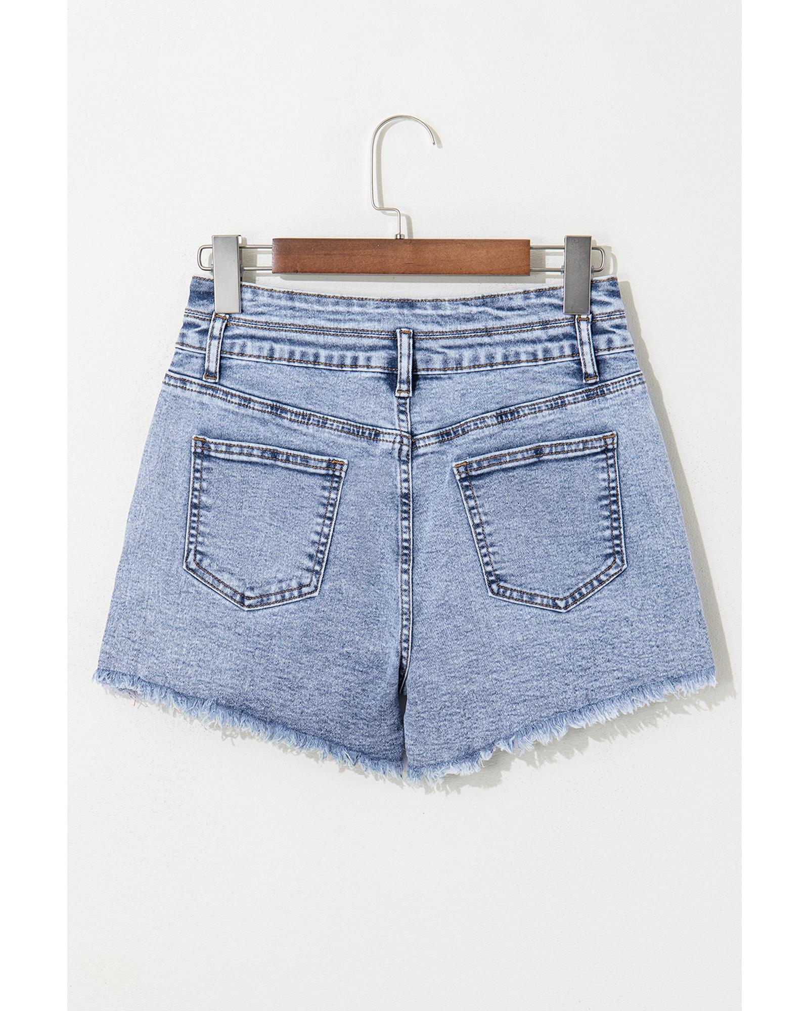 Beau Blue Rhinestone Light Wash Raw Hem High Waist Denim Shorts - 6 US 6