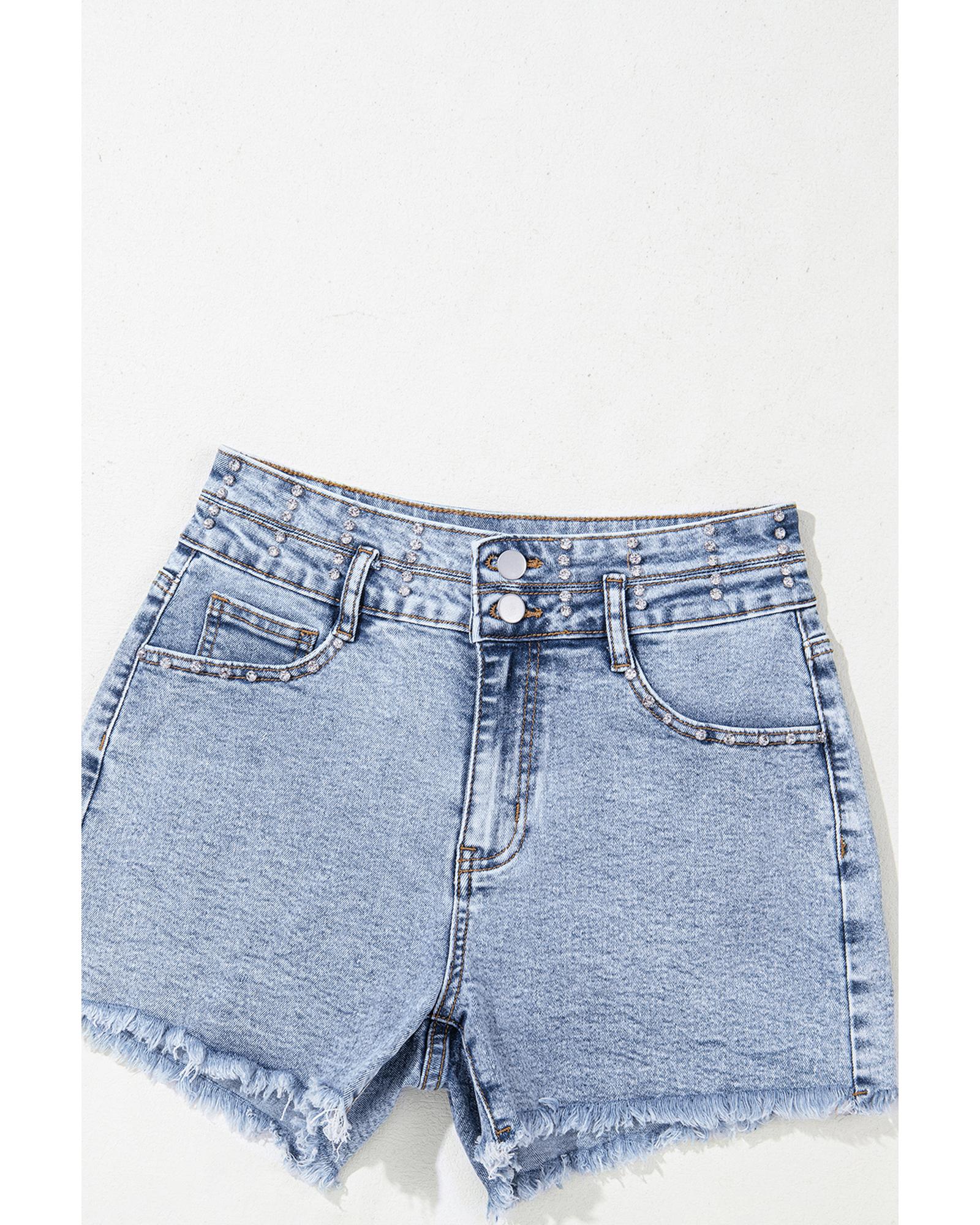 Beau Blue Rhinestone Light Wash Raw Hem High Waist Denim Shorts - 8 US 7