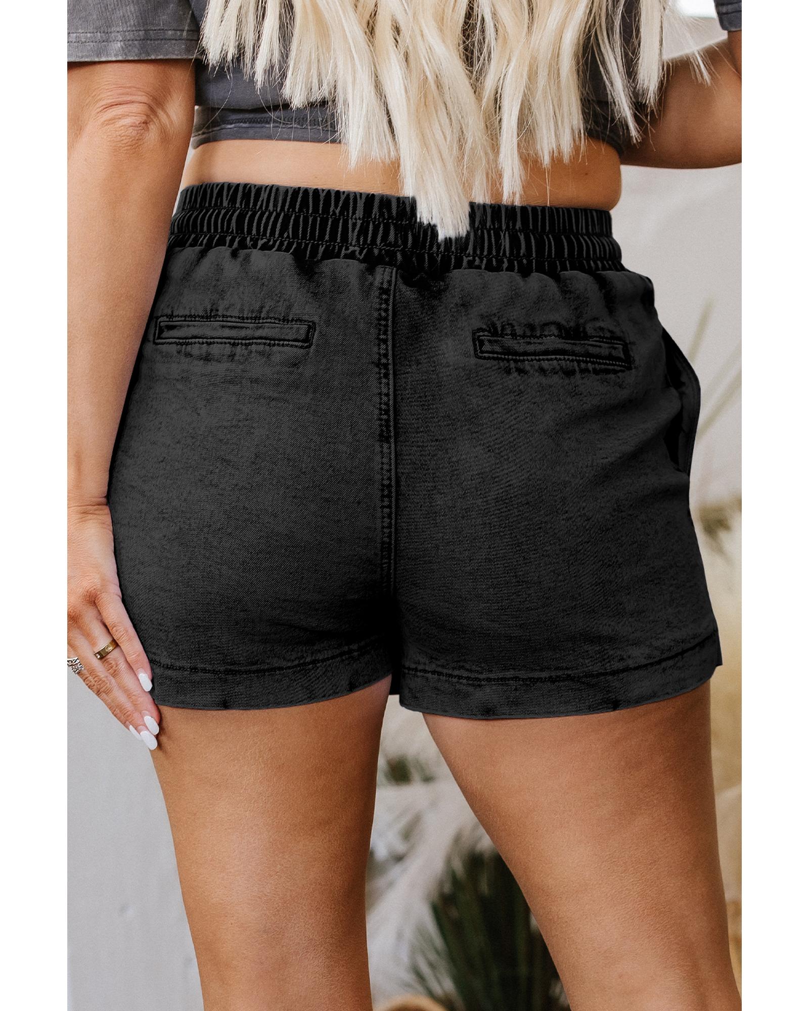 Black Drawstring High Waist Pocketed Denim Shorts - 6 US