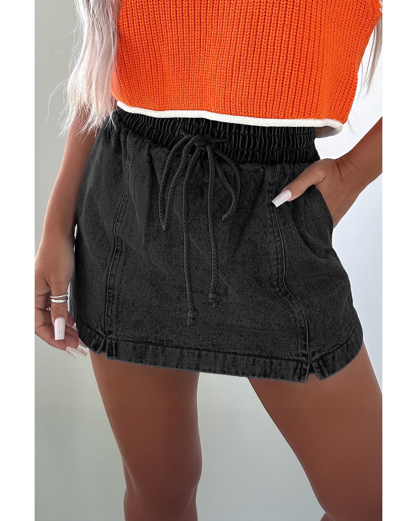 Black Drawstring High Waist Pocketed Denim Shorts - 8 US 8