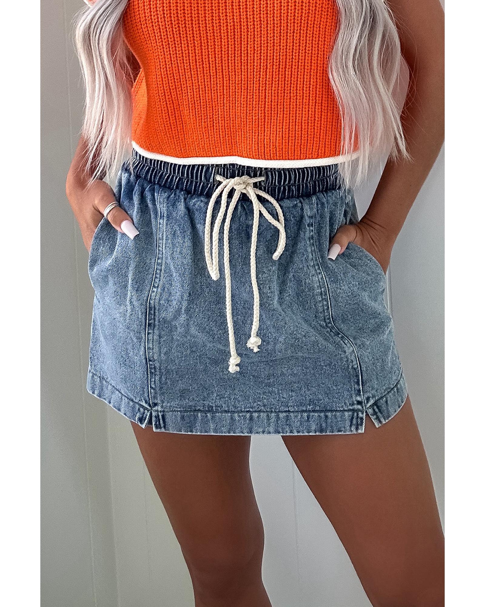 Dusk Blue Drawstring High Waist Pocketed Denim Shorts - 4 US 4