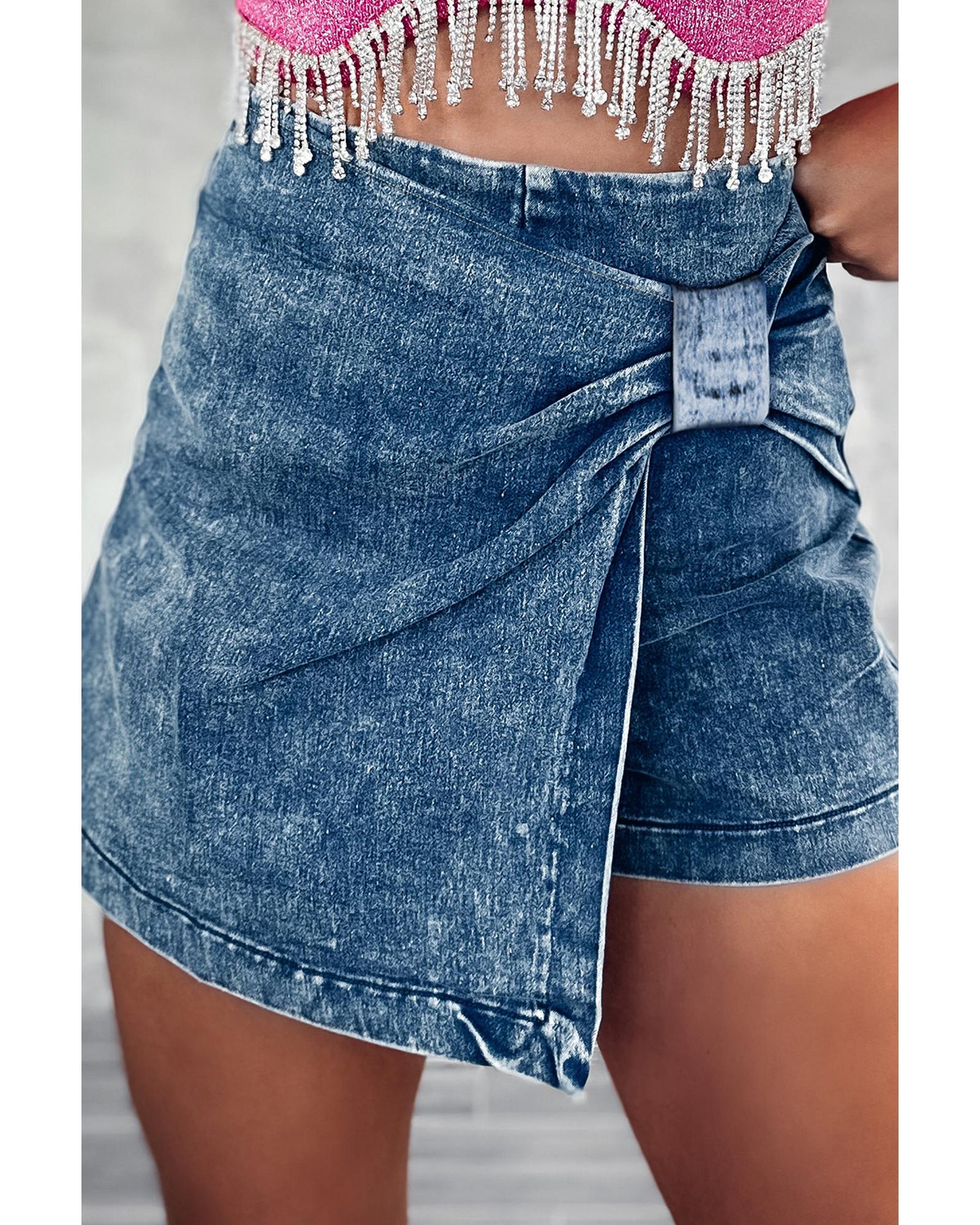Sail Blue Acid Wash Asymmetric Twisted Wrapped Zipped Denim Skort - 10 US 4
