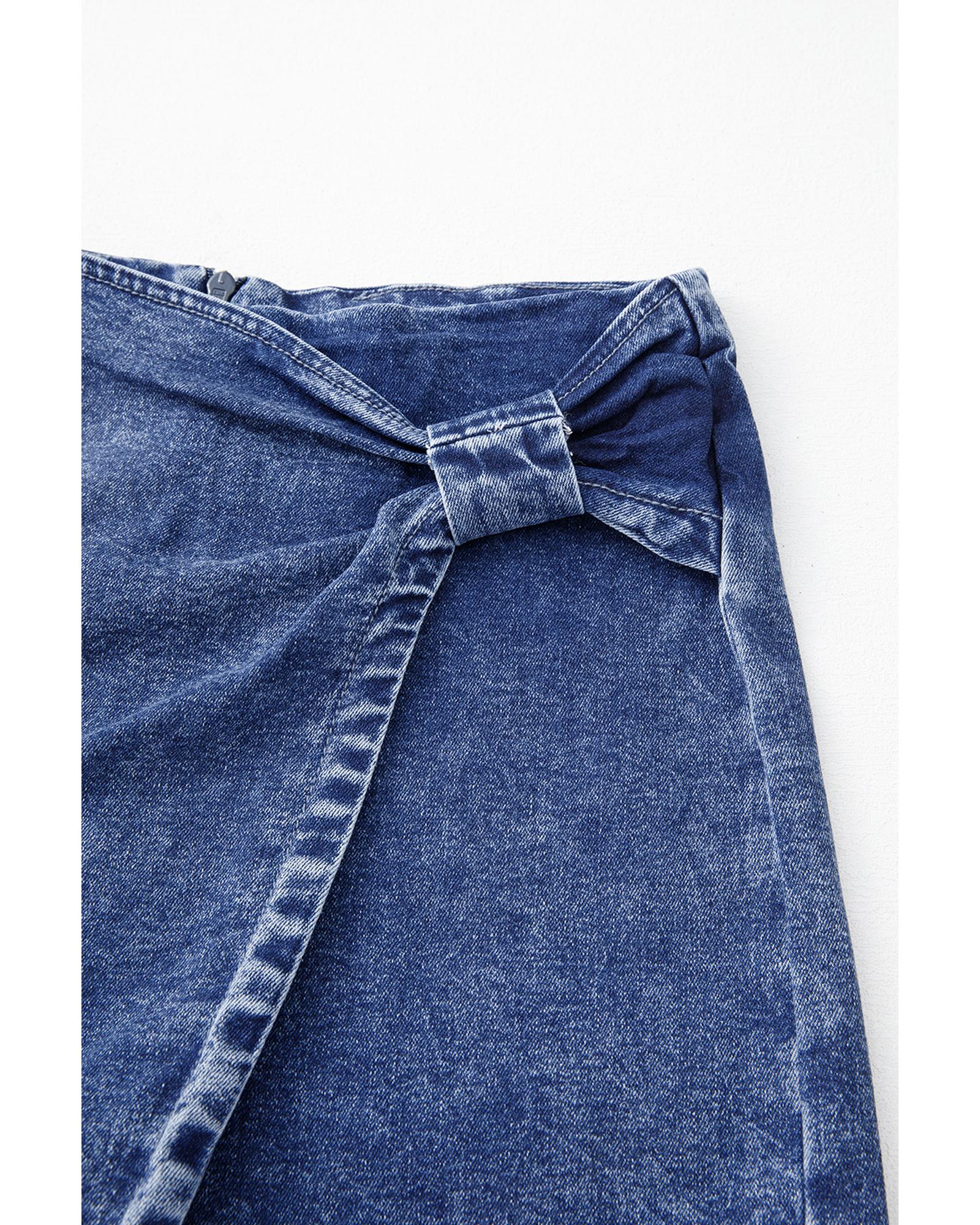 Sail Blue Acid Wash Asymmetric Twisted Wrapped Zipped Denim Skort - 10 US 8