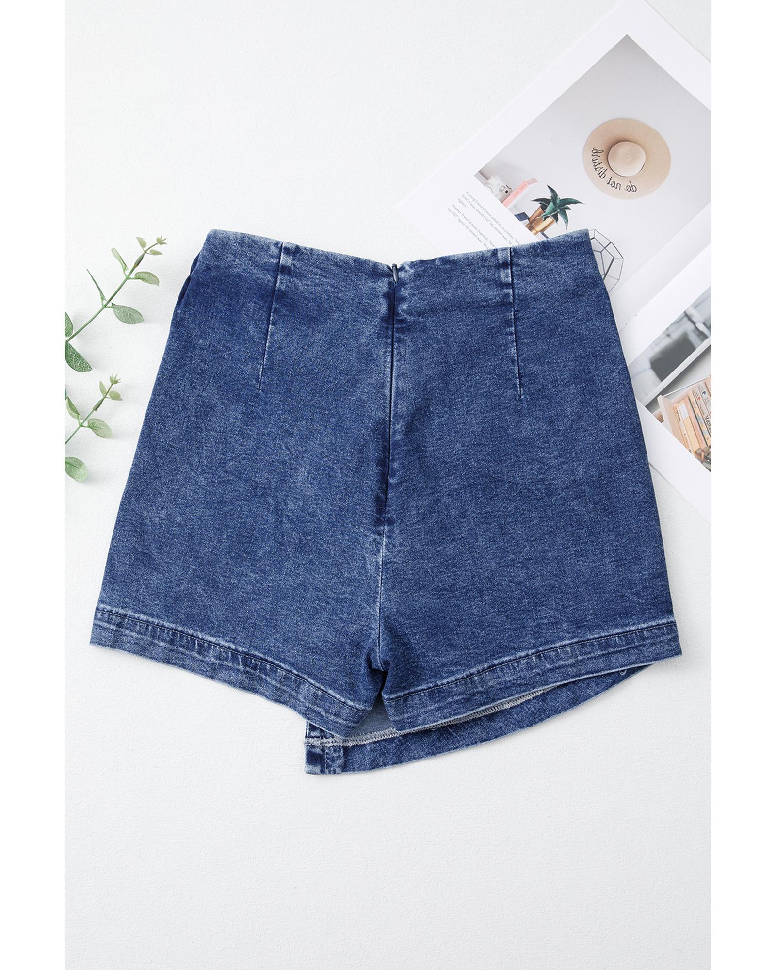 Sail Blue Acid Wash Asymmetric Twisted Wrapped Zipped Denim Skort - 12 US 5