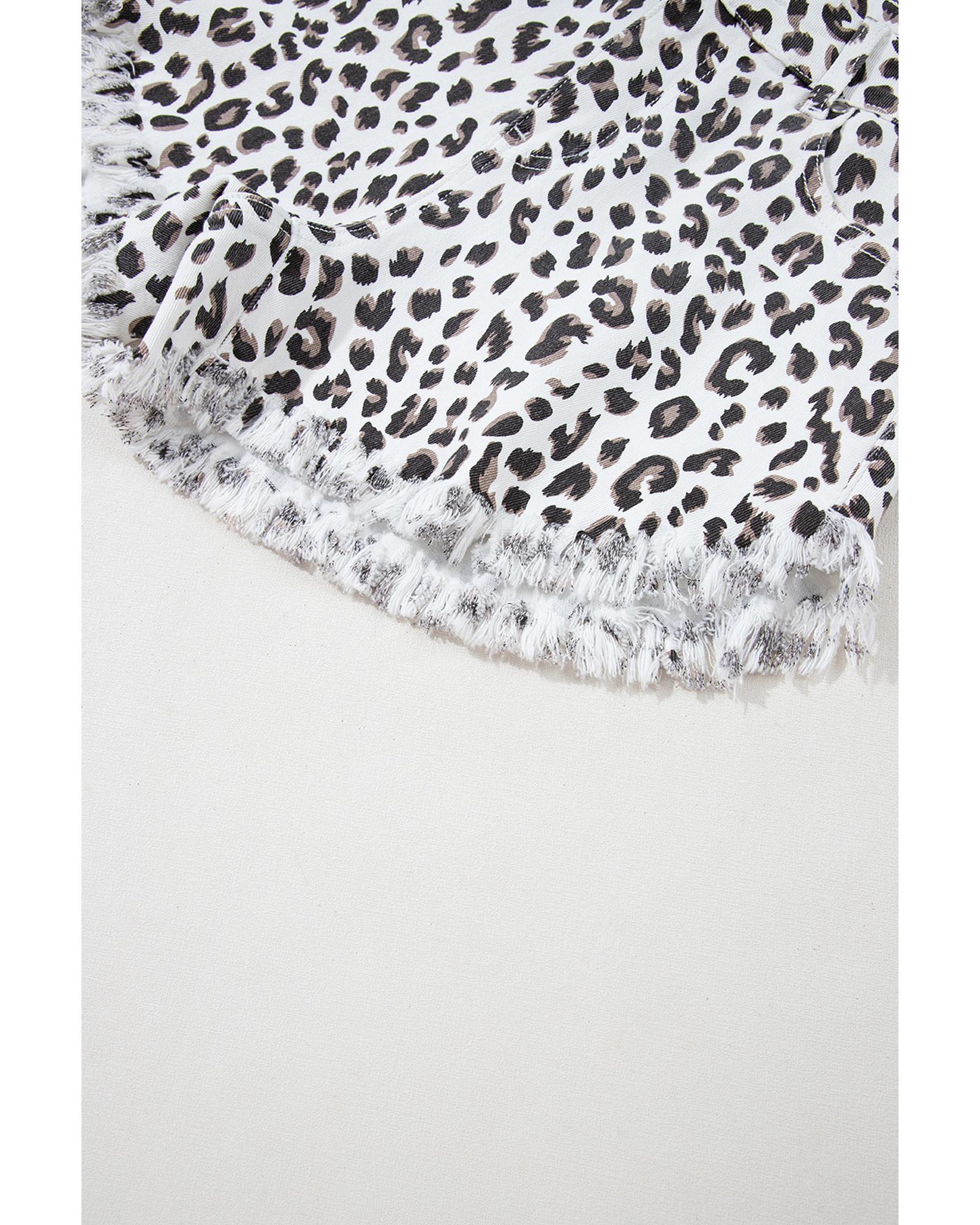 White Leopard Frayed Hem Denim Shorts - 10 US 5