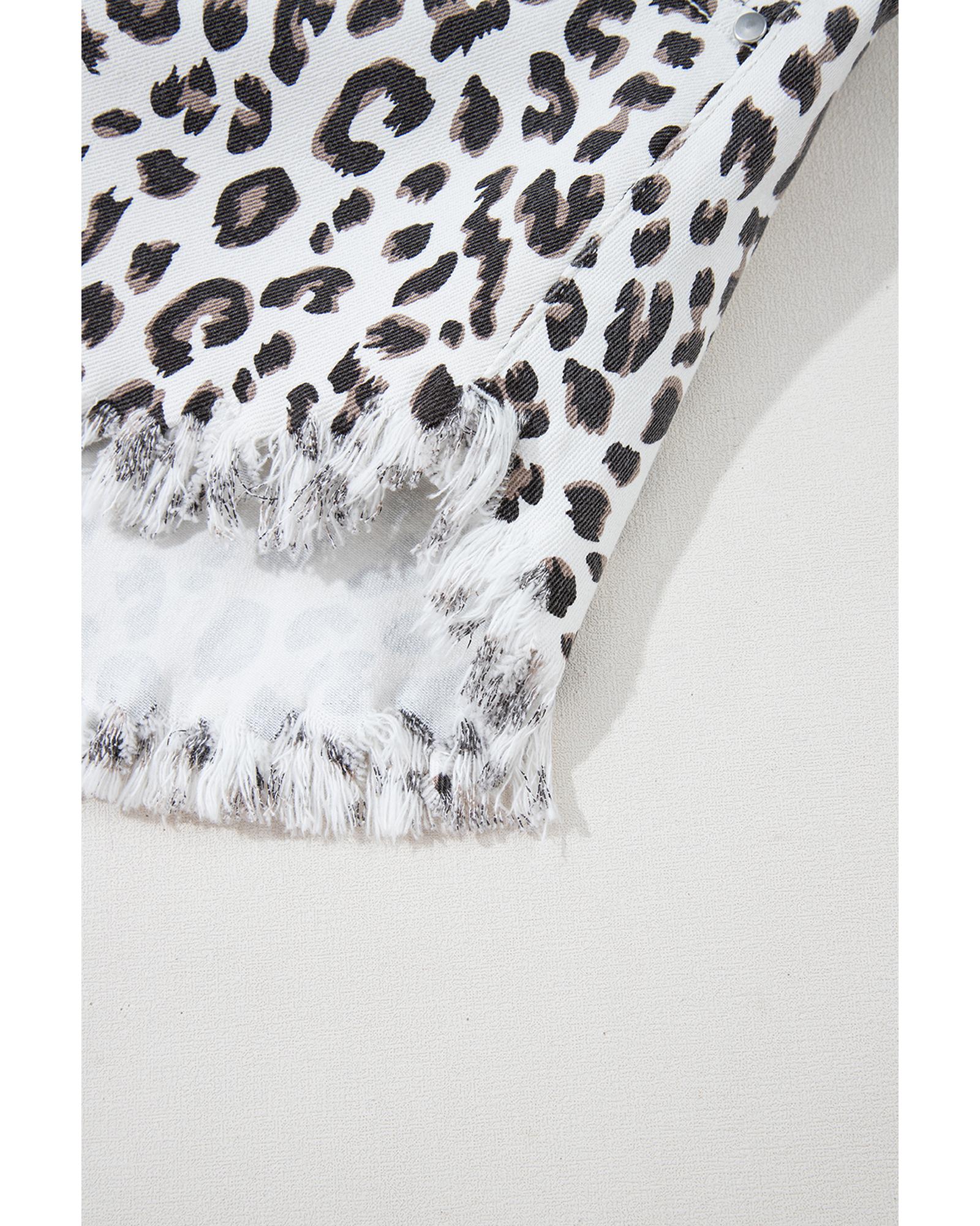 White Leopard Frayed Hem Denim Shorts - 12 US 5