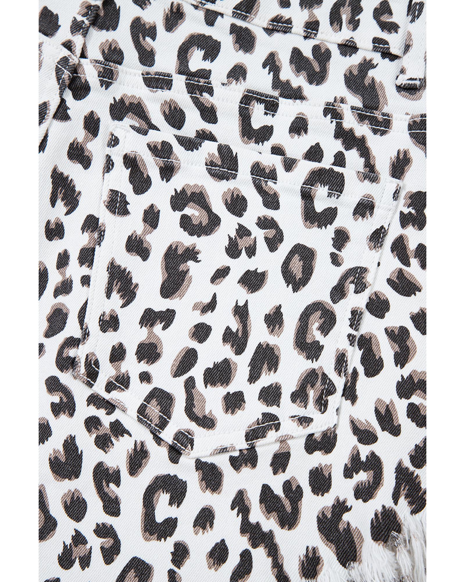 White Leopard Frayed Hem Denim Shorts - 12 US 7