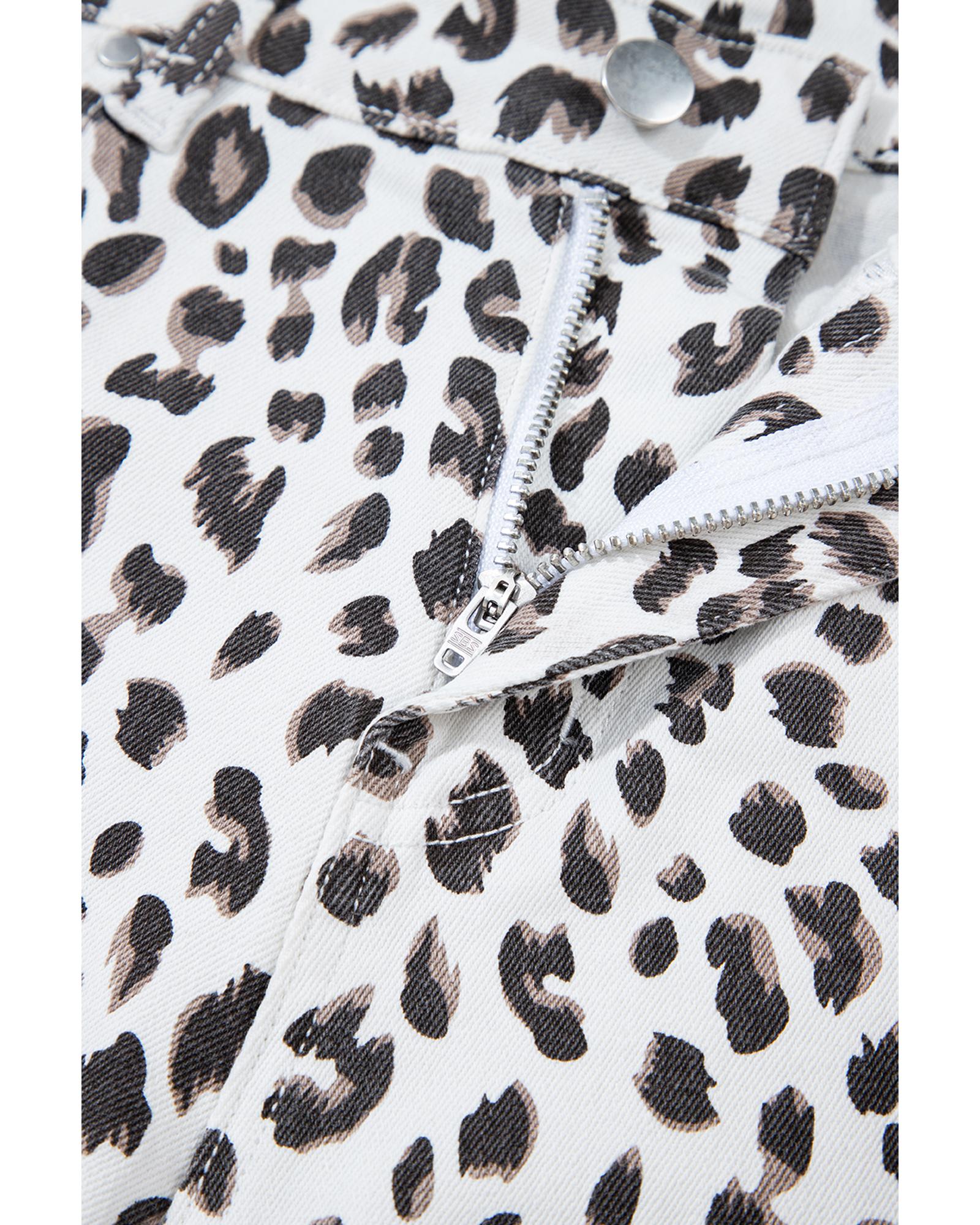 White Leopard Frayed Hem Denim Shorts - 6 US 8
