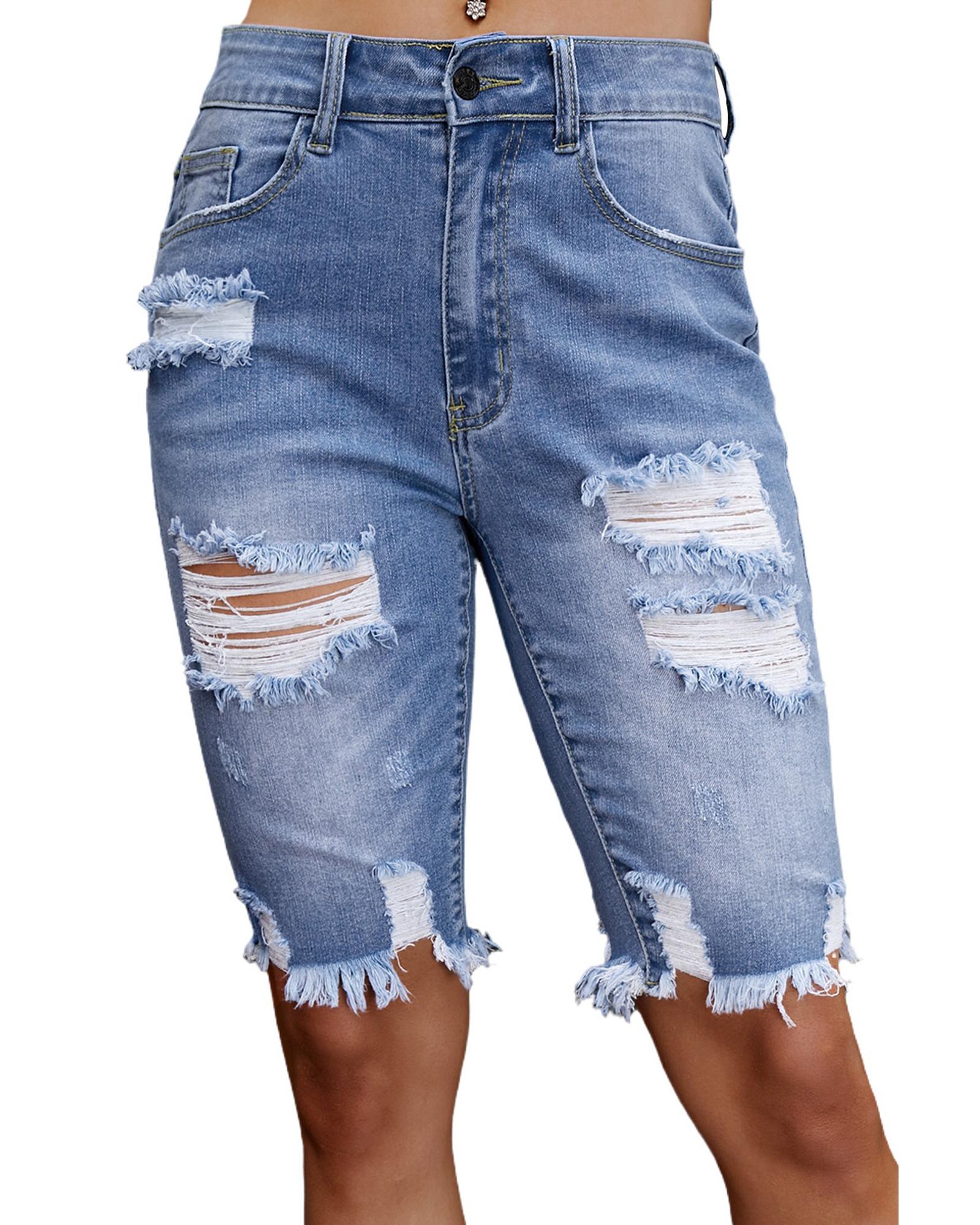 Sky Blue Ripped Tassel Bermuda Denim Shorts - M