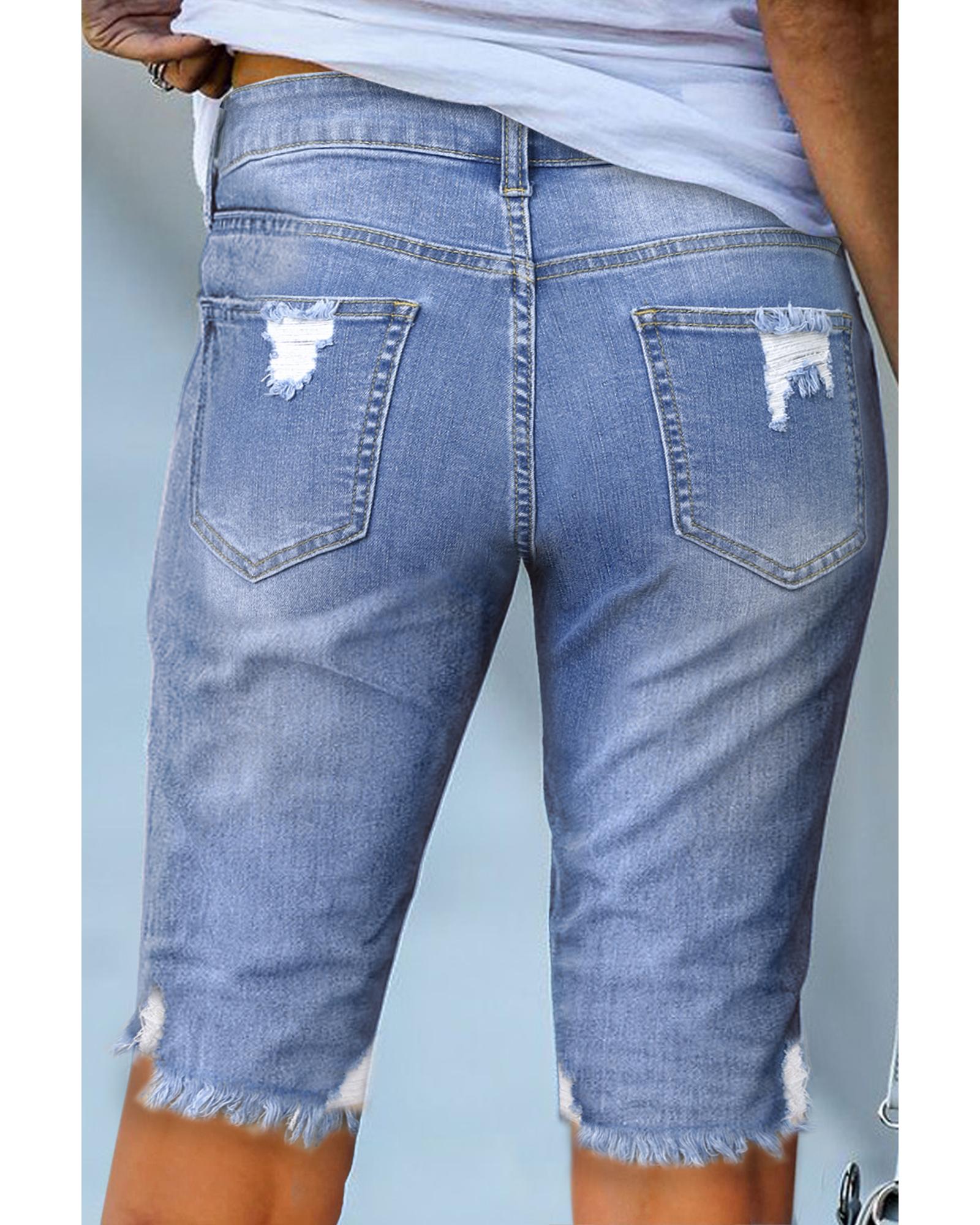 Sky Blue Ripped Tassel Bermuda Denim Shorts - M 3