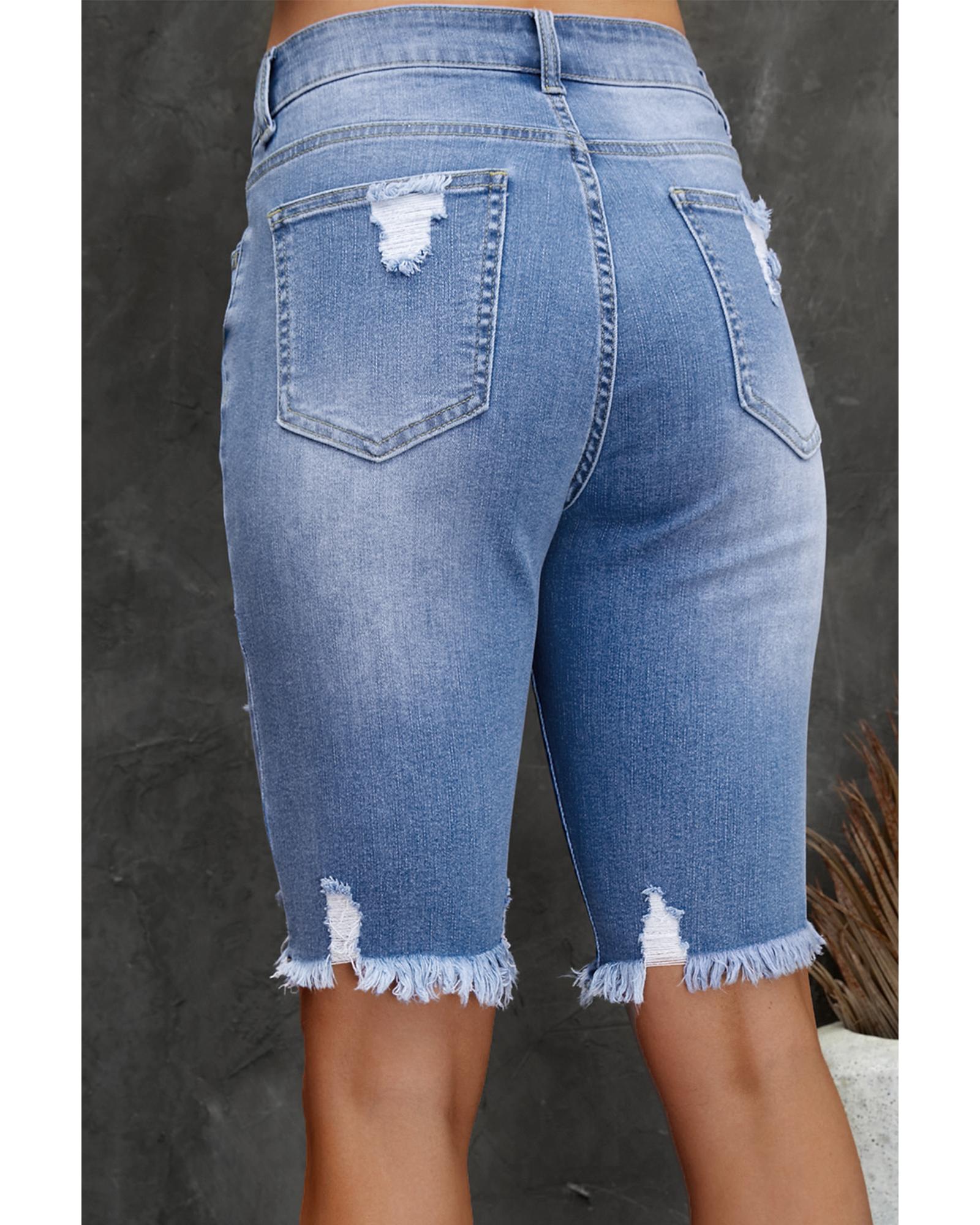 Sky Blue Ripped Tassel Bermuda Denim Shorts - S