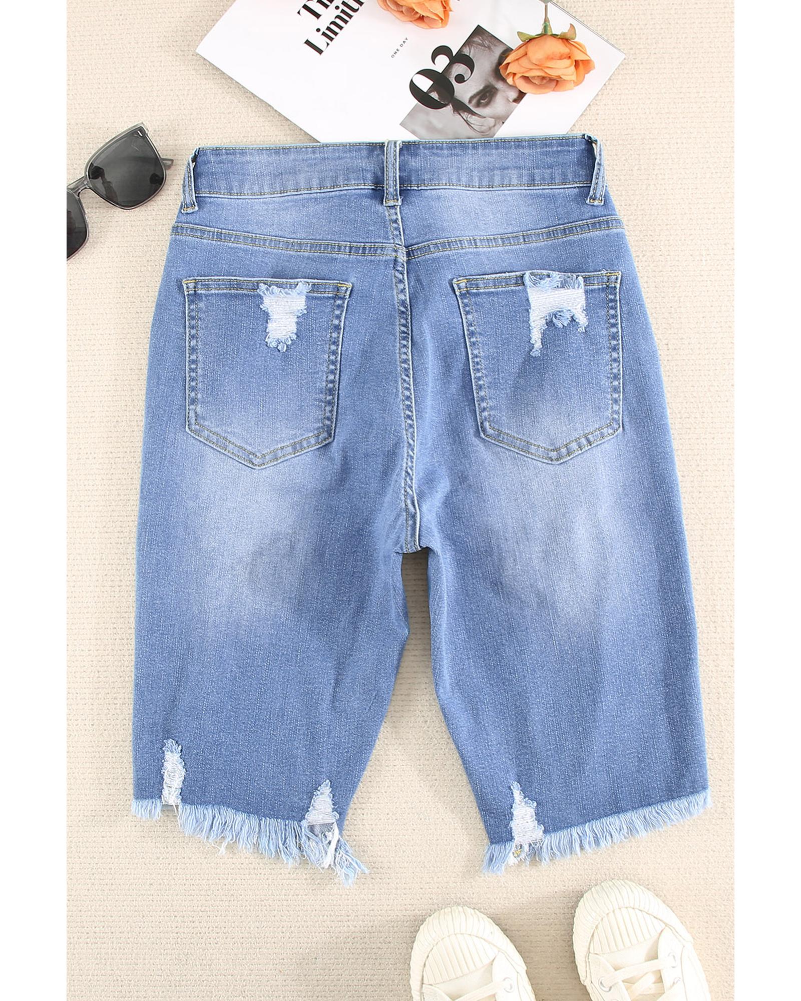 Sky Blue Ripped Tassel Bermuda Denim Shorts - S 5