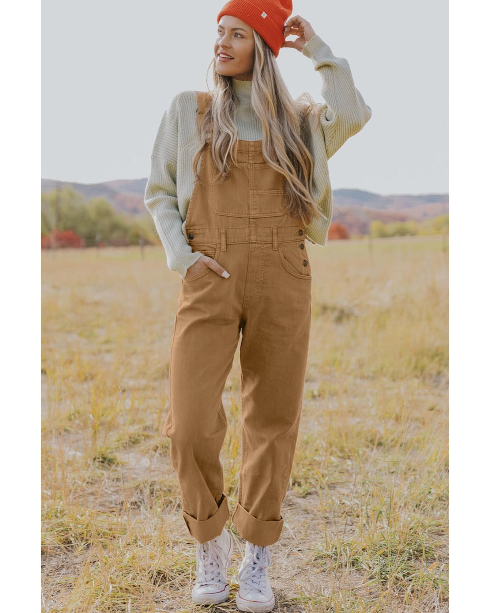 Khaki Vintage Multi Pockets Buckle Strap Cargo Denim Overalls - XL