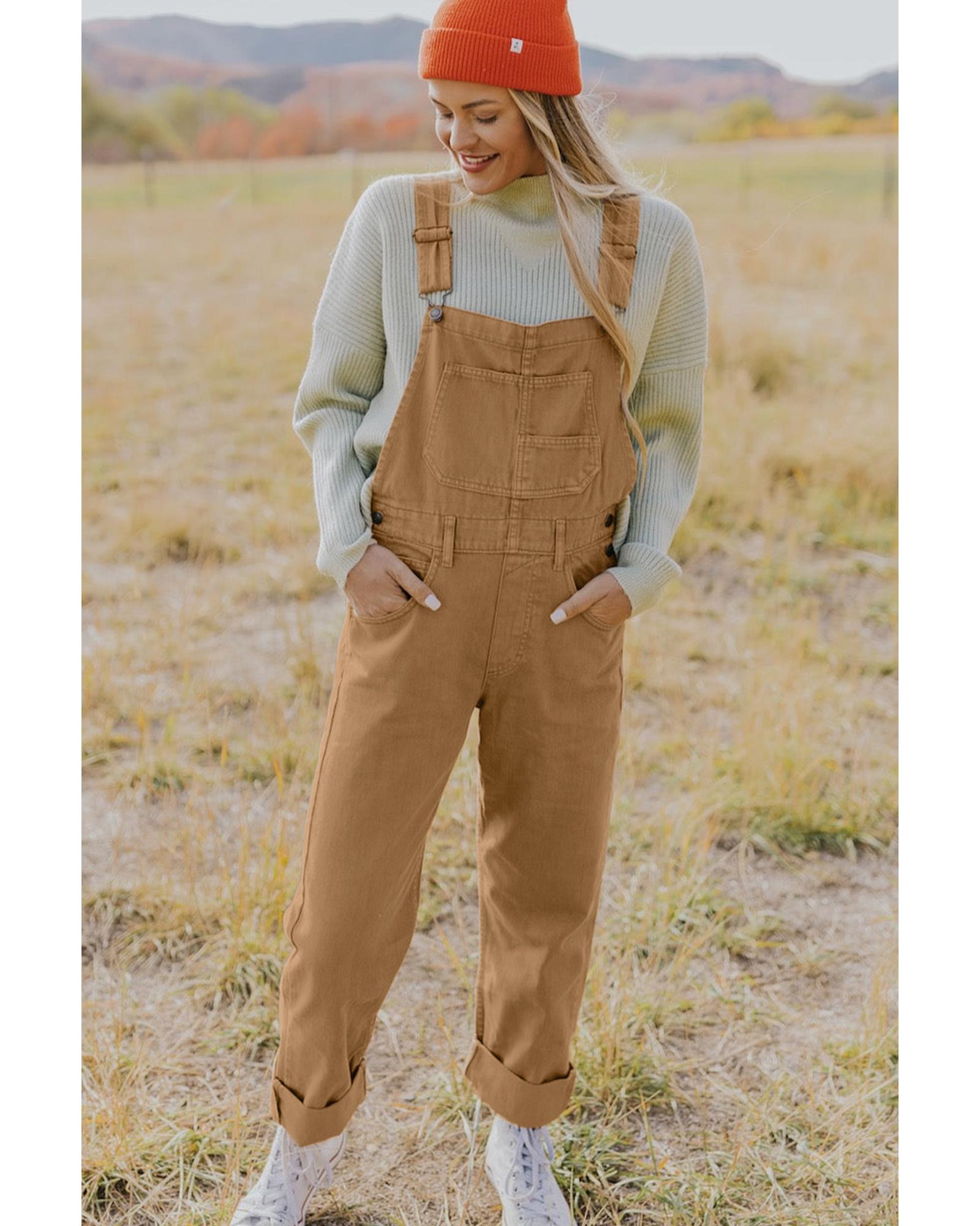 Khaki Vintage Multi Pockets Buckle Strap Cargo Denim Overalls - XL
